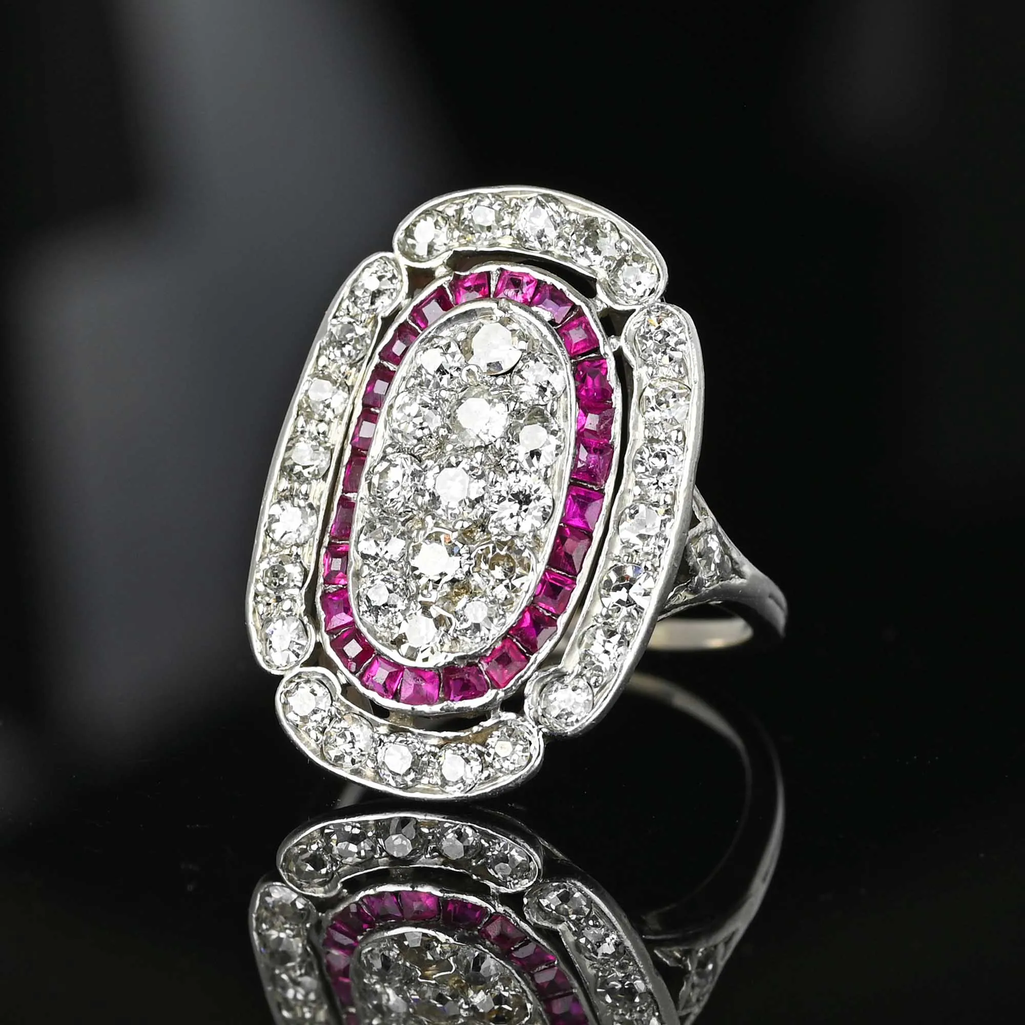 Antique Art Deco Platinum Ruby Halo Diamond Ring