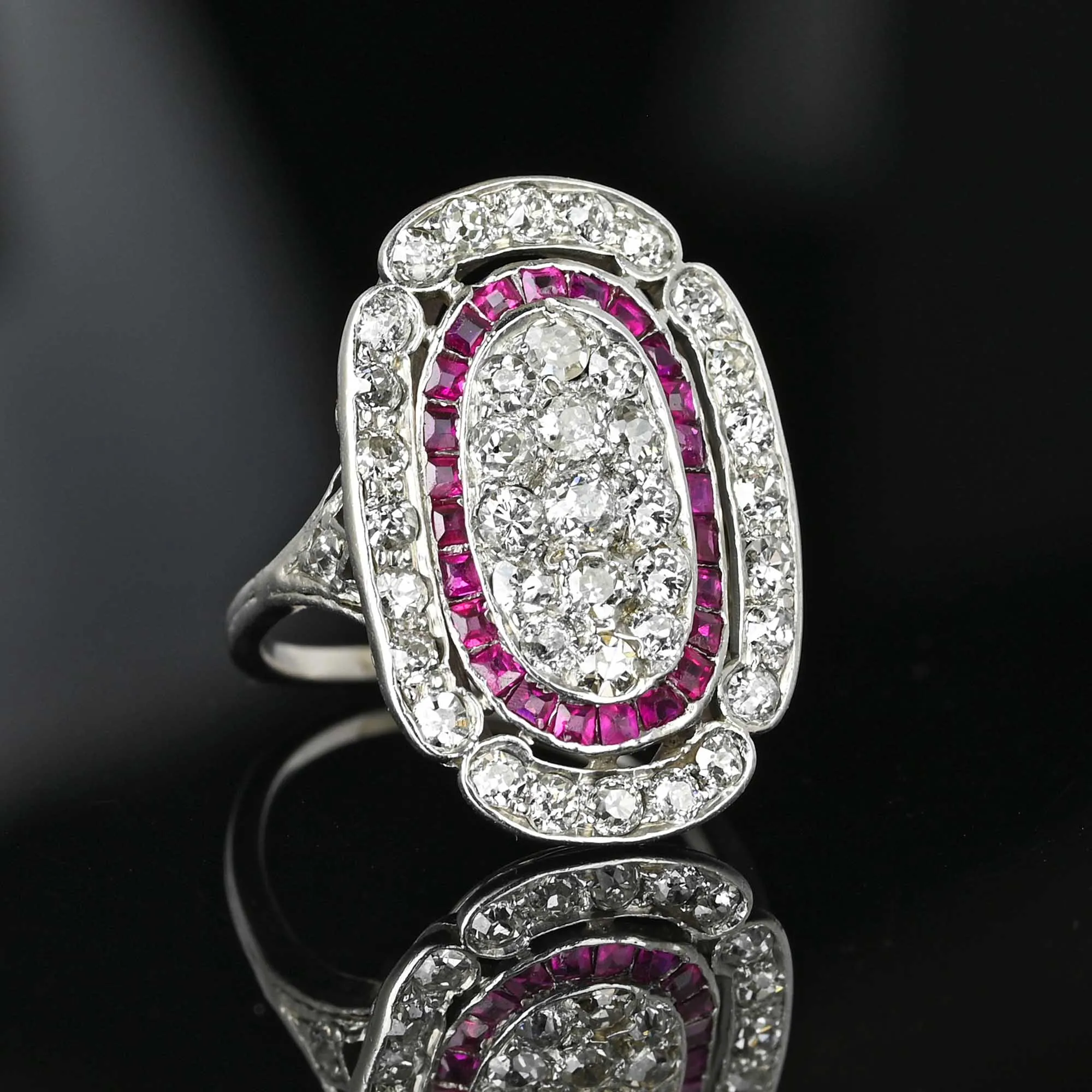 Antique Art Deco Platinum Ruby Halo Diamond Ring