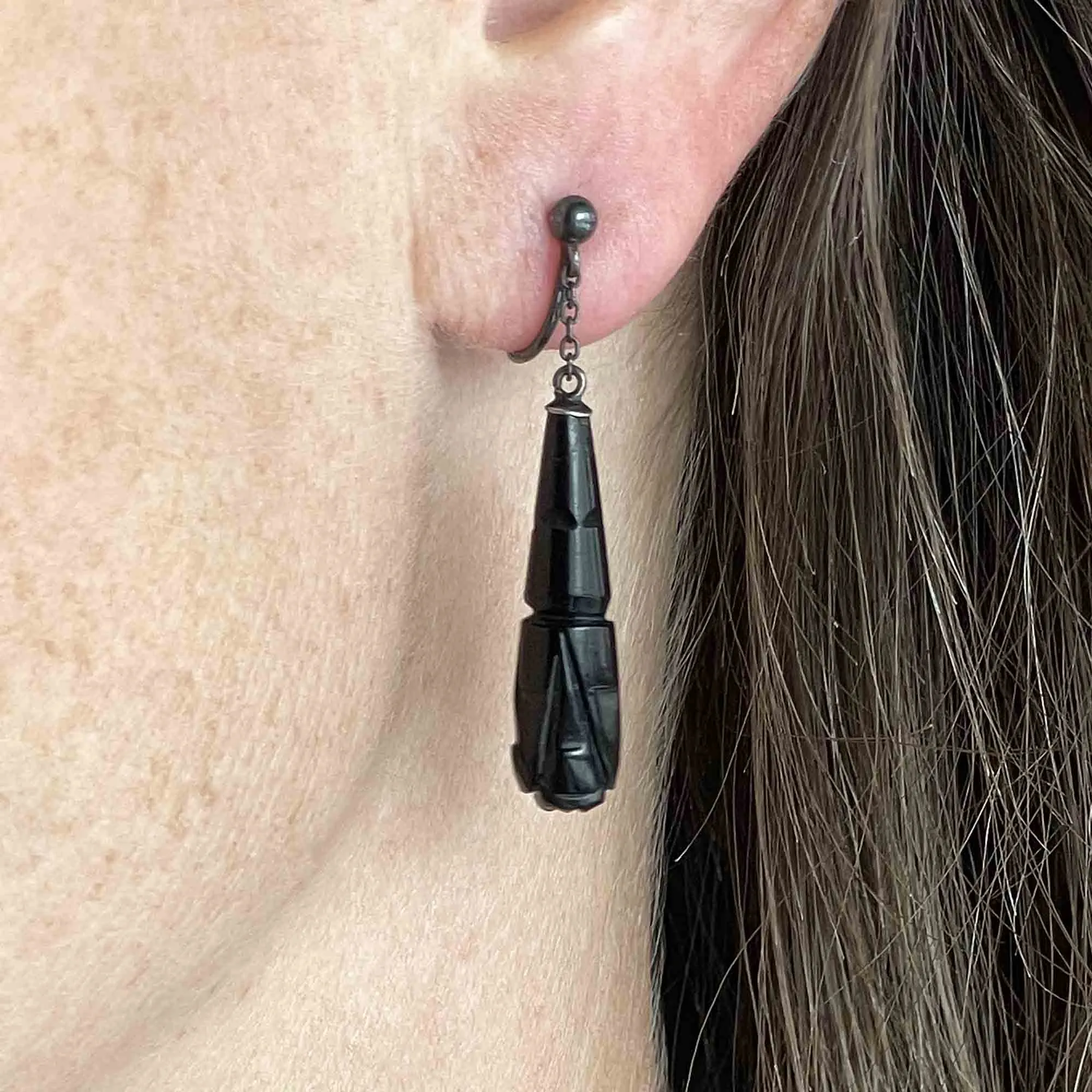 Antique Carved Whitby Jet Torpedo Drop Earrings