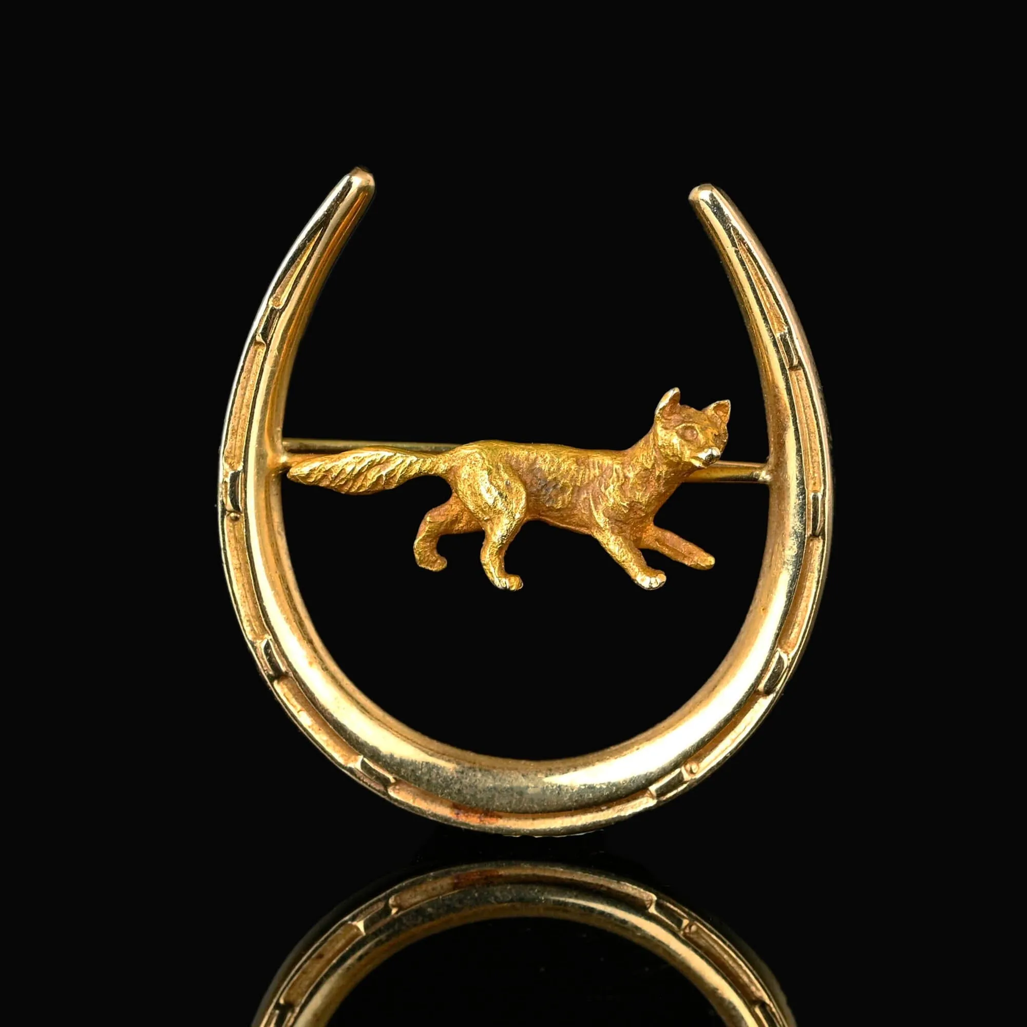 Antique Edwardian 14K Gold Horseshoe and Fox Brooch