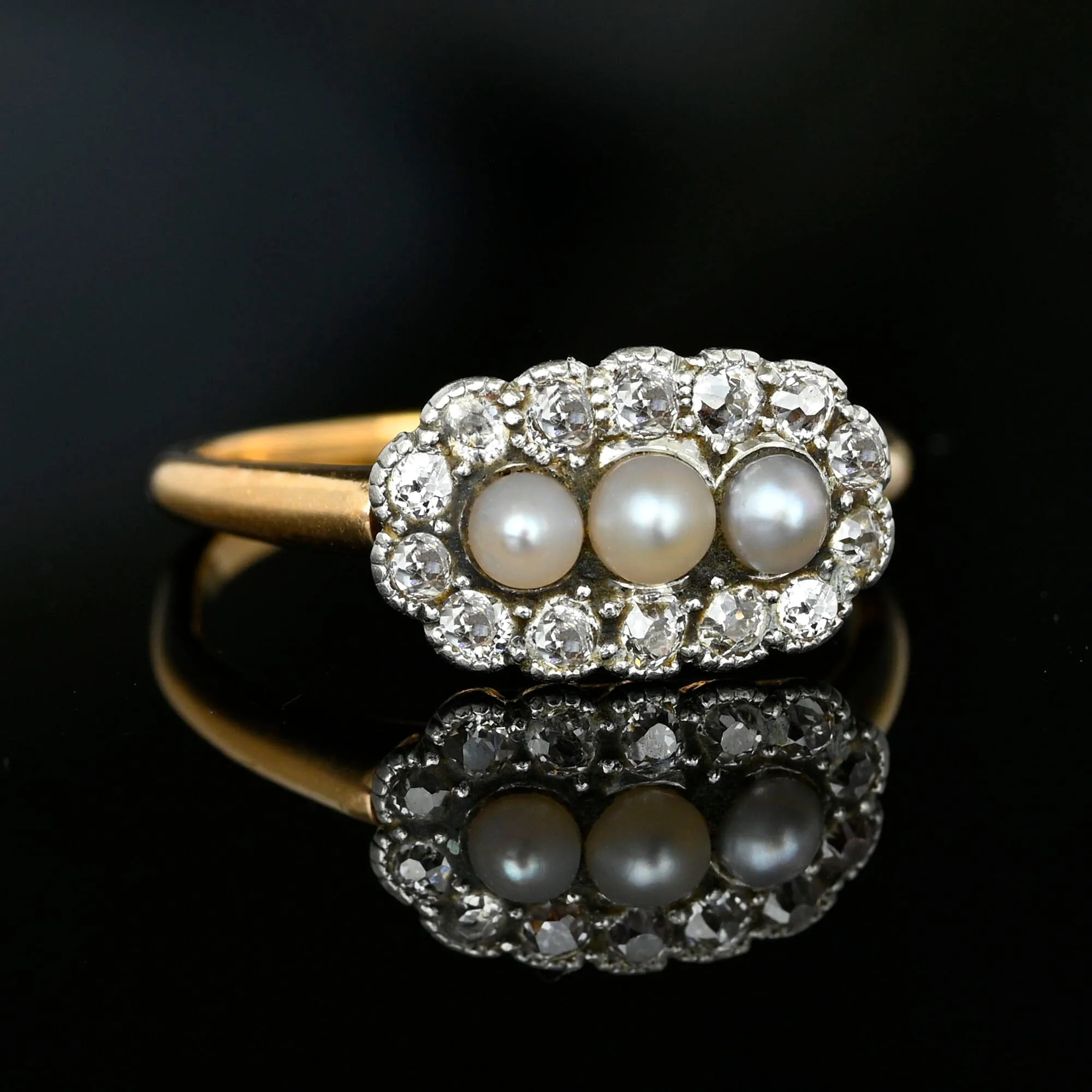 Antique Mine Cut Diamond Halo Natural Pearl Ring