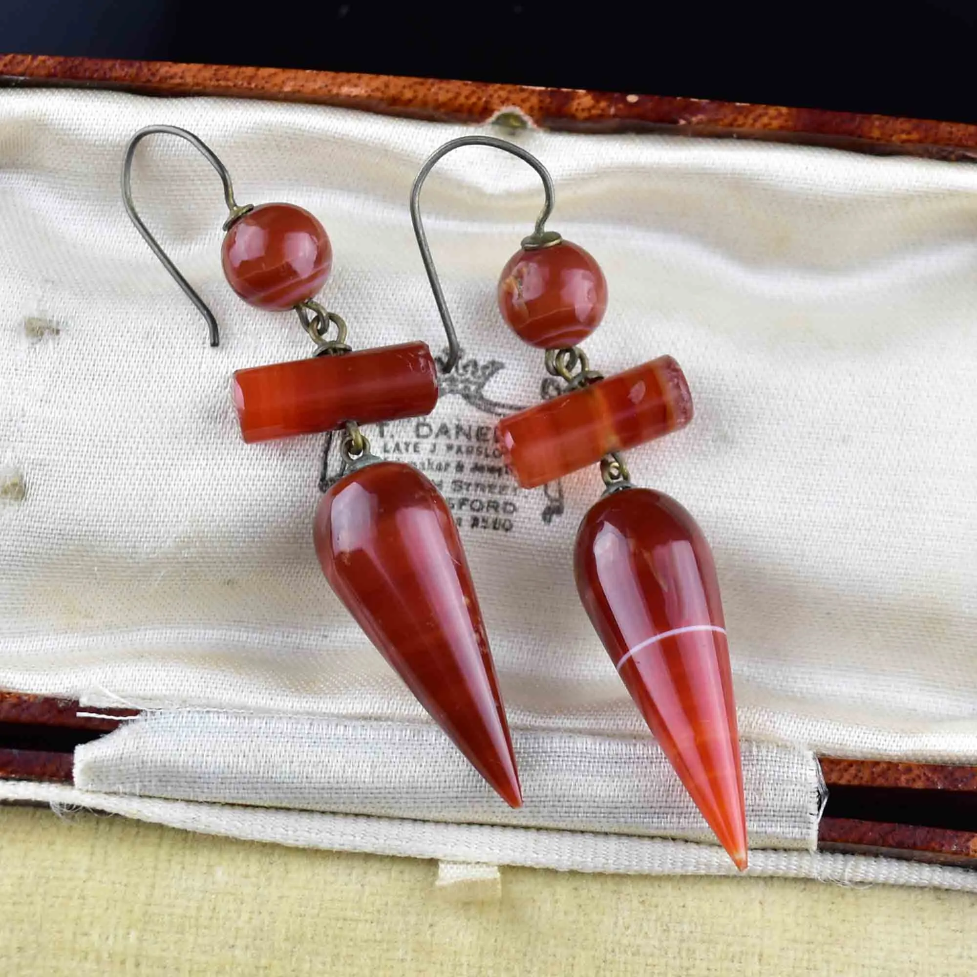 Antique Scottish Carnelian Banded Agate Drop Earrings