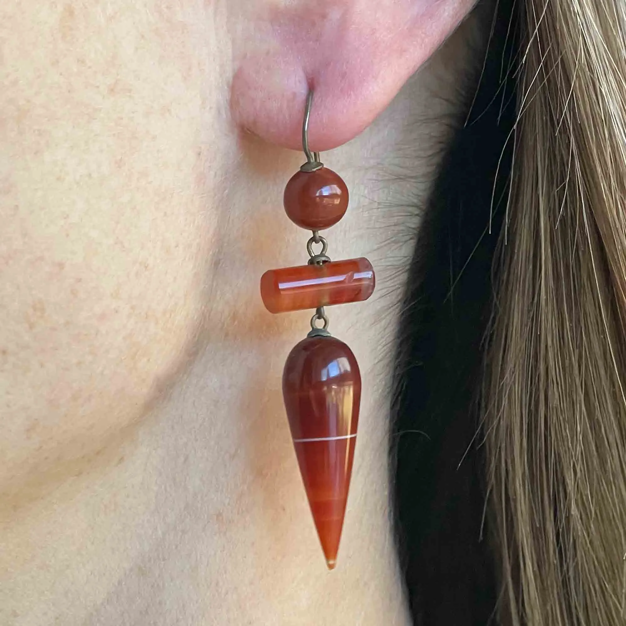 Antique Scottish Carnelian Banded Agate Drop Earrings