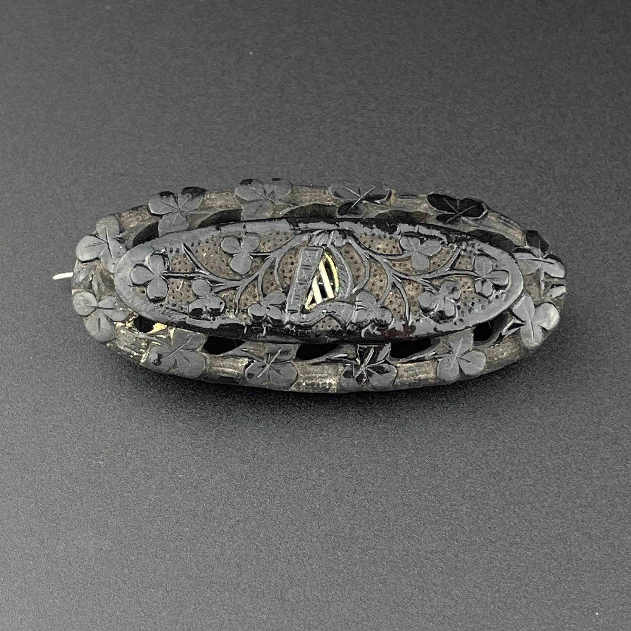 Antique Silver Carved Irish Bog Oak Brooch