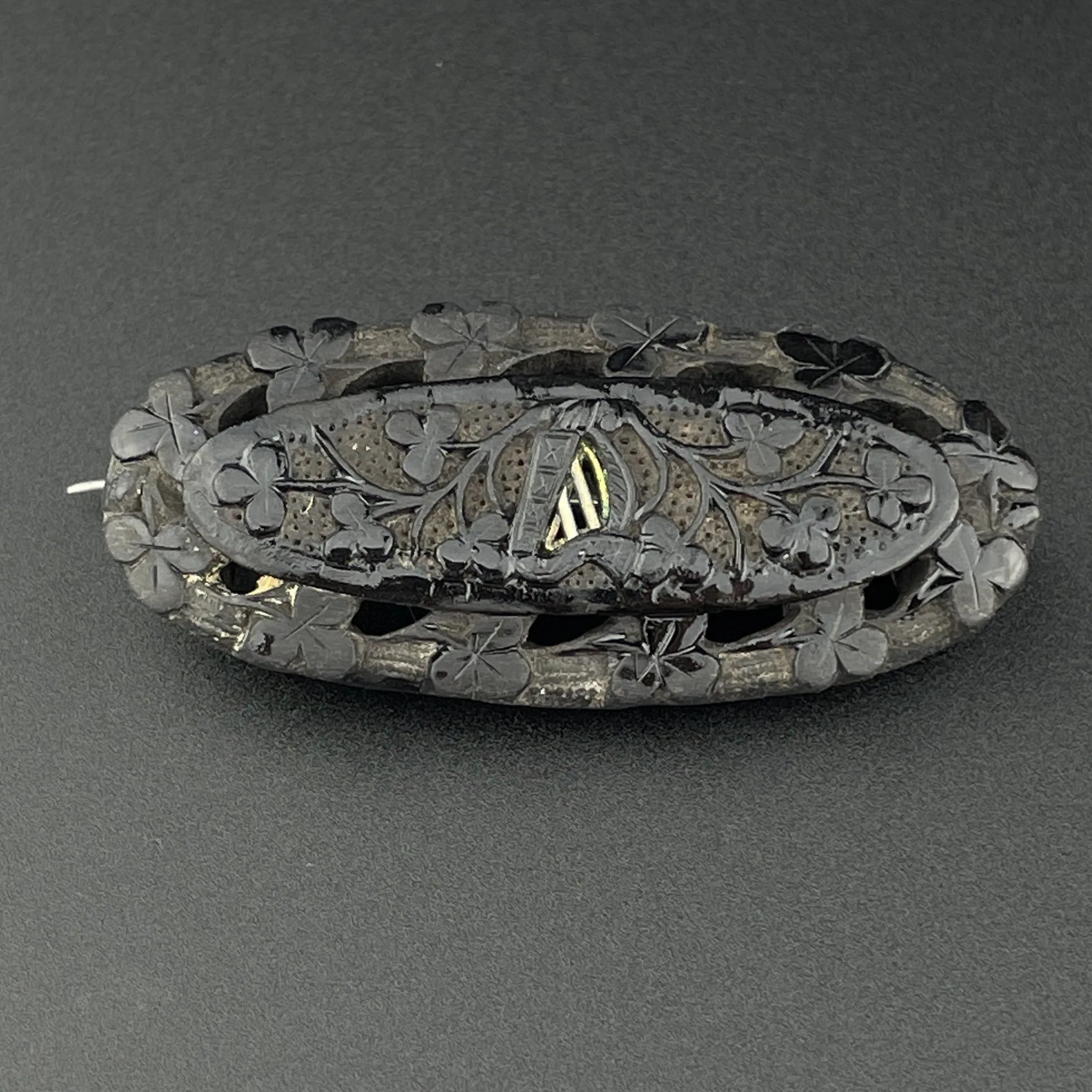 Antique Silver Carved Irish Bog Oak Brooch