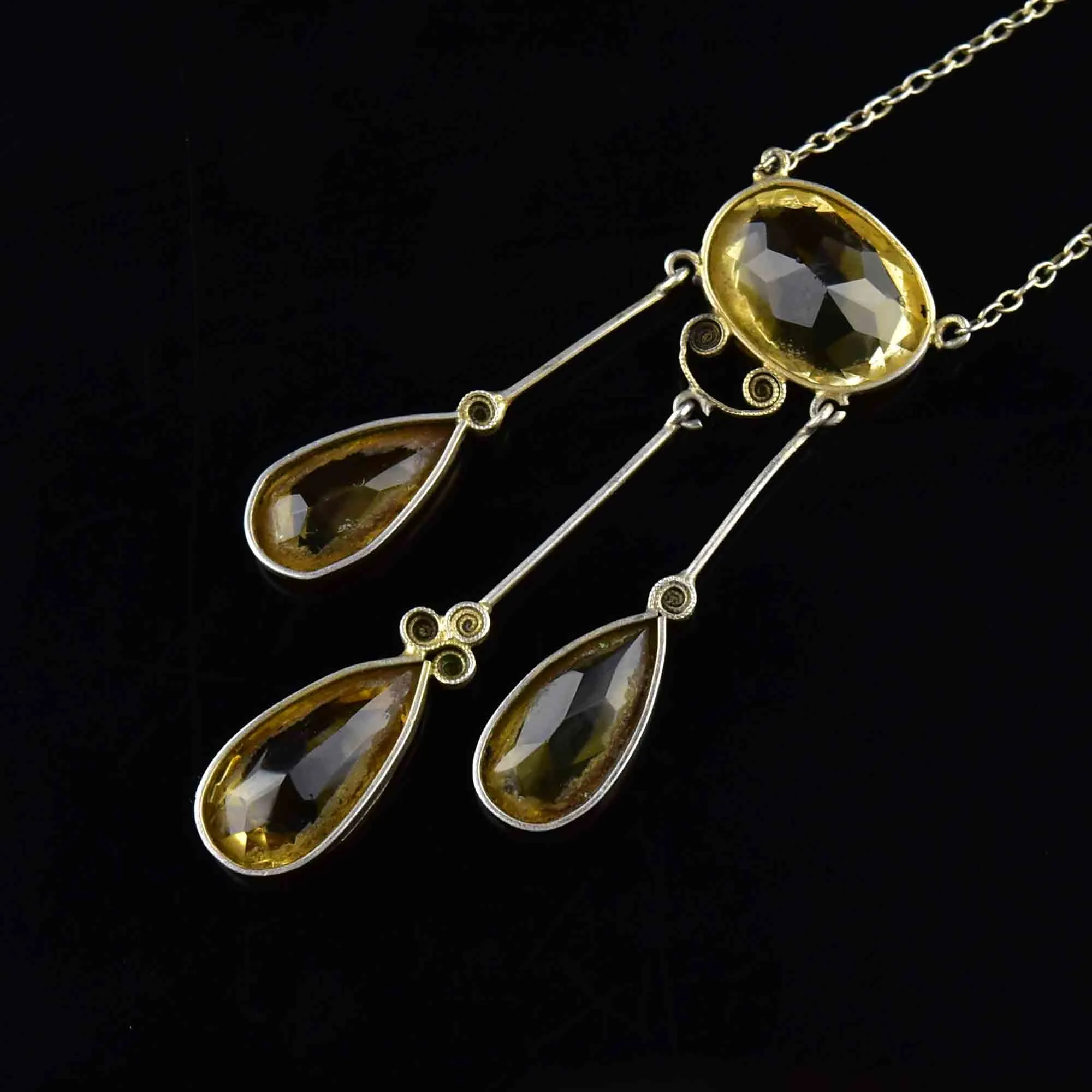 Antique Silver Citrine Art Deco Drop Pendant Necklace