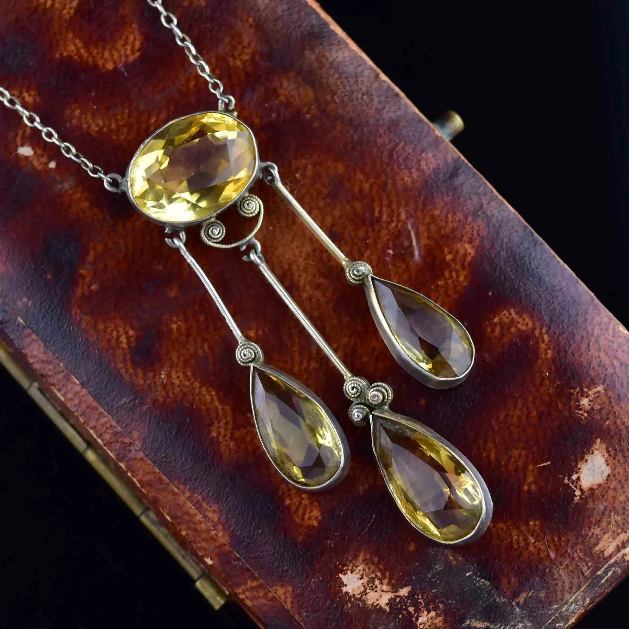 Antique Silver Citrine Art Deco Drop Pendant Necklace