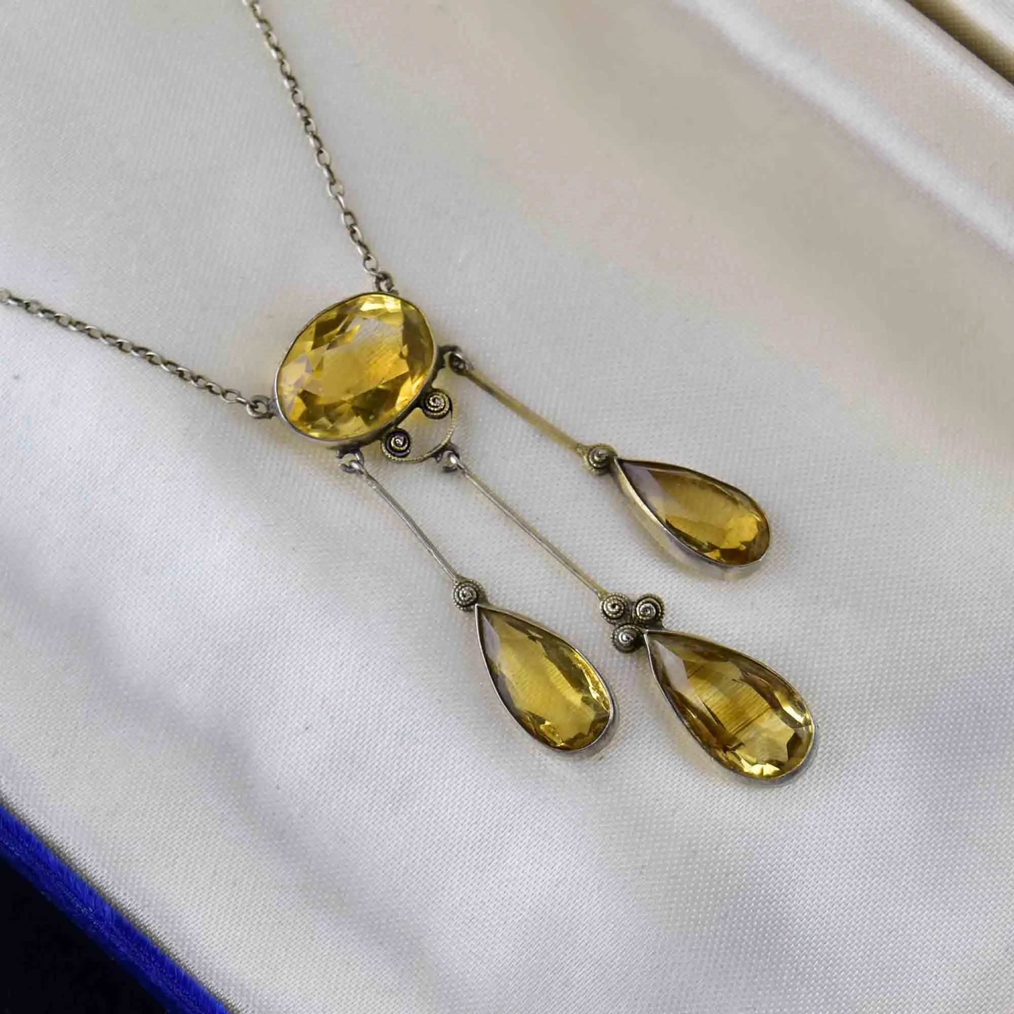 Antique Silver Citrine Art Deco Drop Pendant Necklace