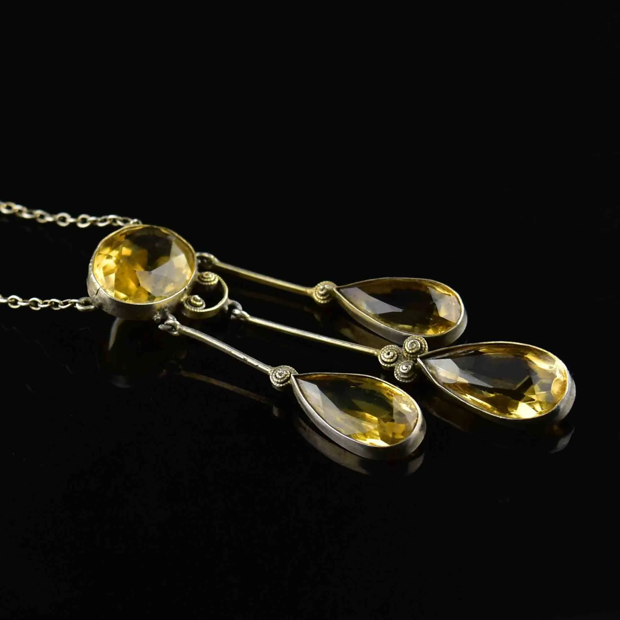 Antique Silver Citrine Art Deco Drop Pendant Necklace