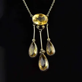 Antique Silver Citrine Art Deco Drop Pendant Necklace