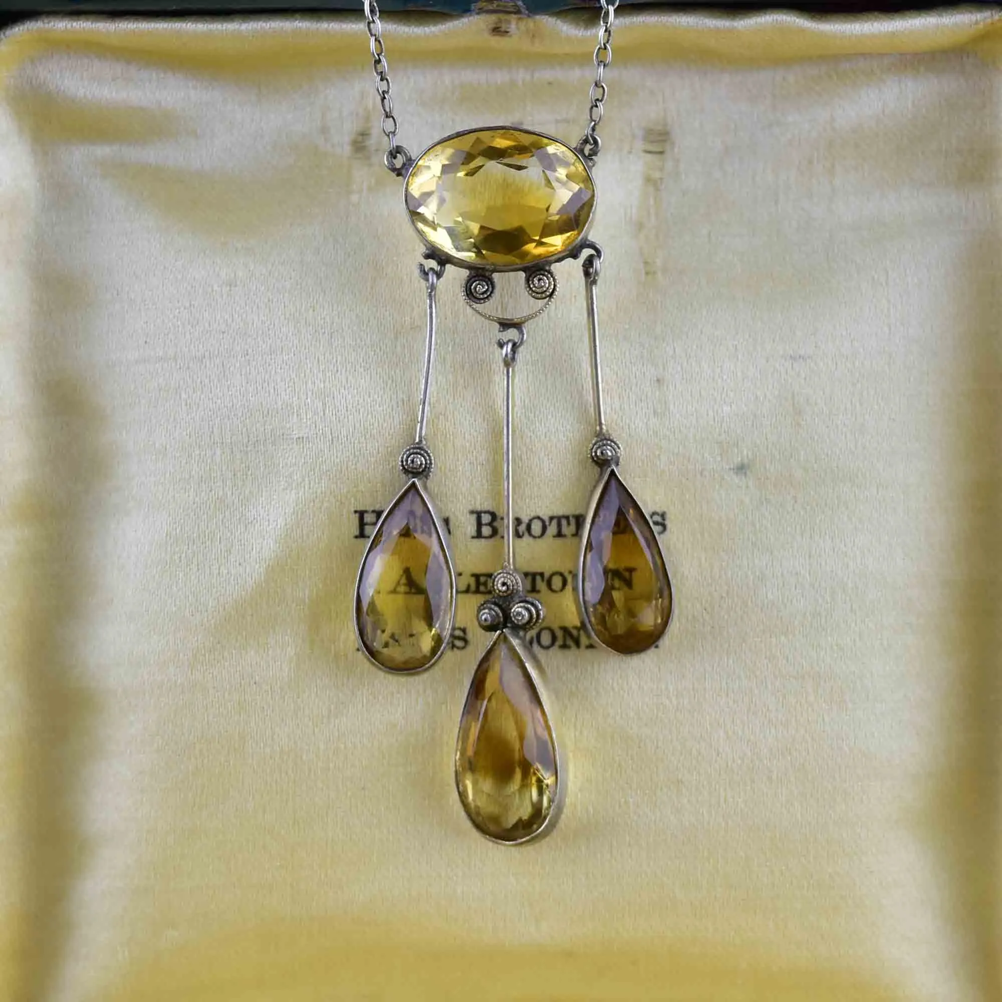 Antique Silver Citrine Art Deco Drop Pendant Necklace