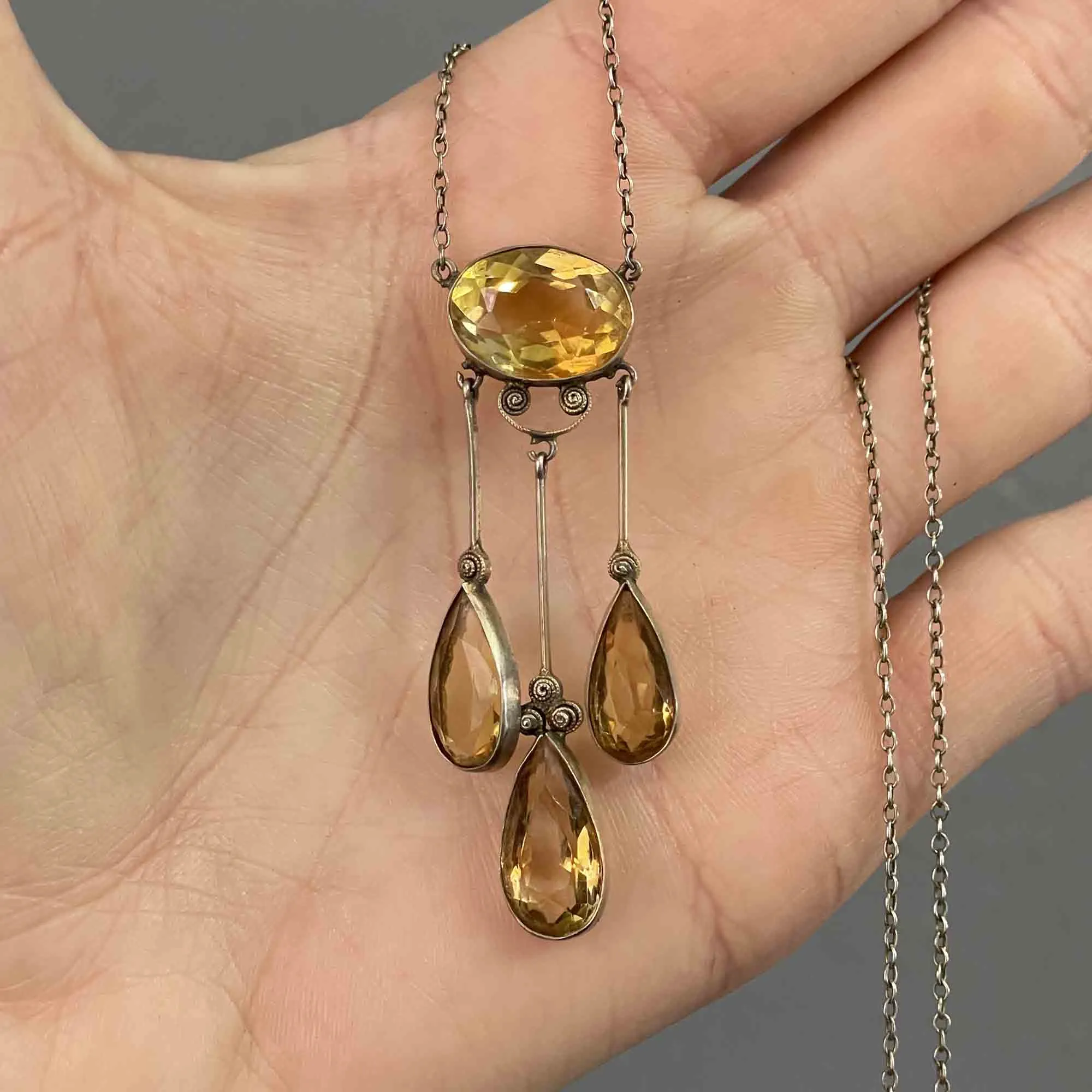 Antique Silver Citrine Art Deco Drop Pendant Necklace