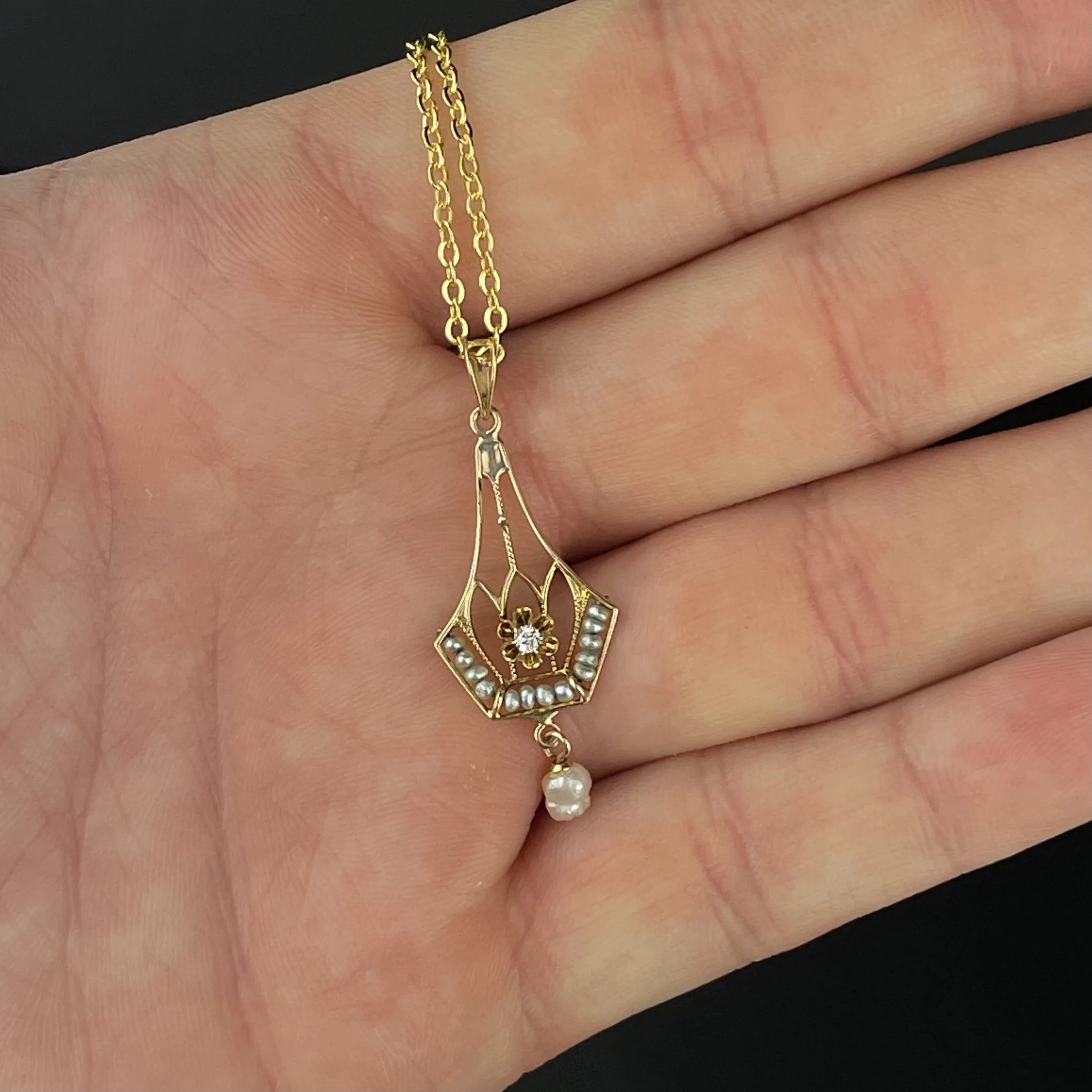 Antique Victorian Diamond Seed Pearl Lavalier Pendant Necklace