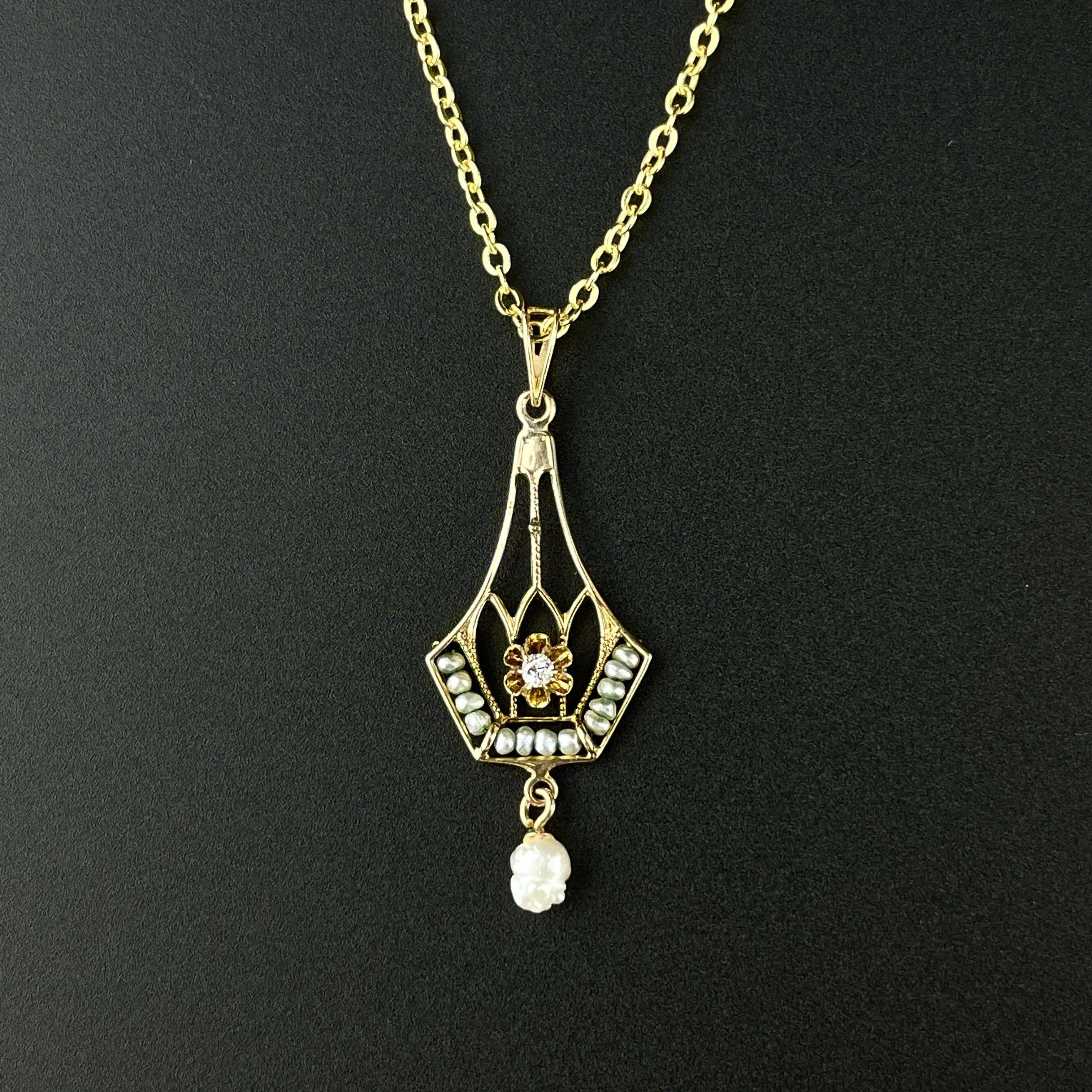 Antique Victorian Diamond Seed Pearl Lavalier Pendant Necklace