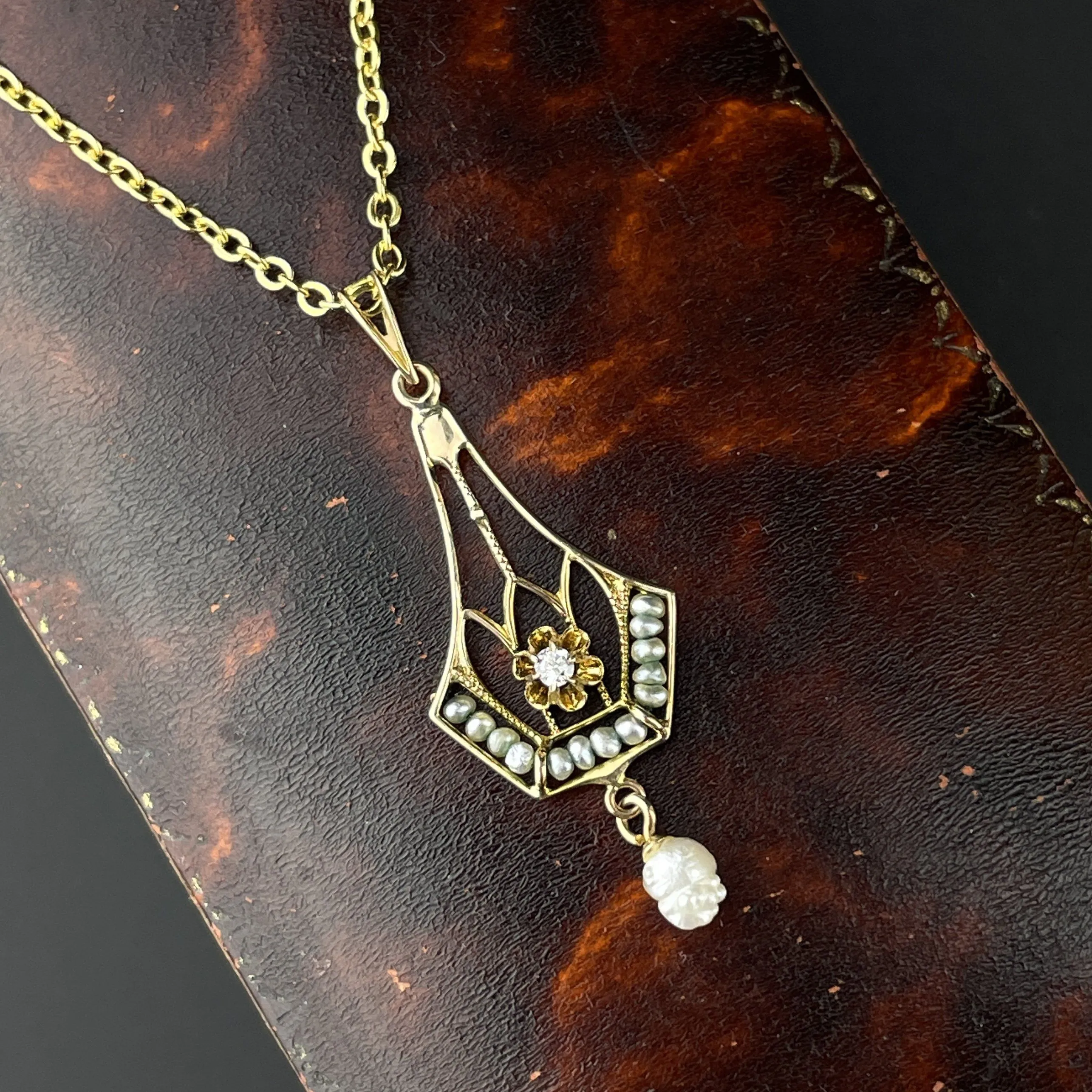 Antique Victorian Diamond Seed Pearl Lavalier Pendant Necklace