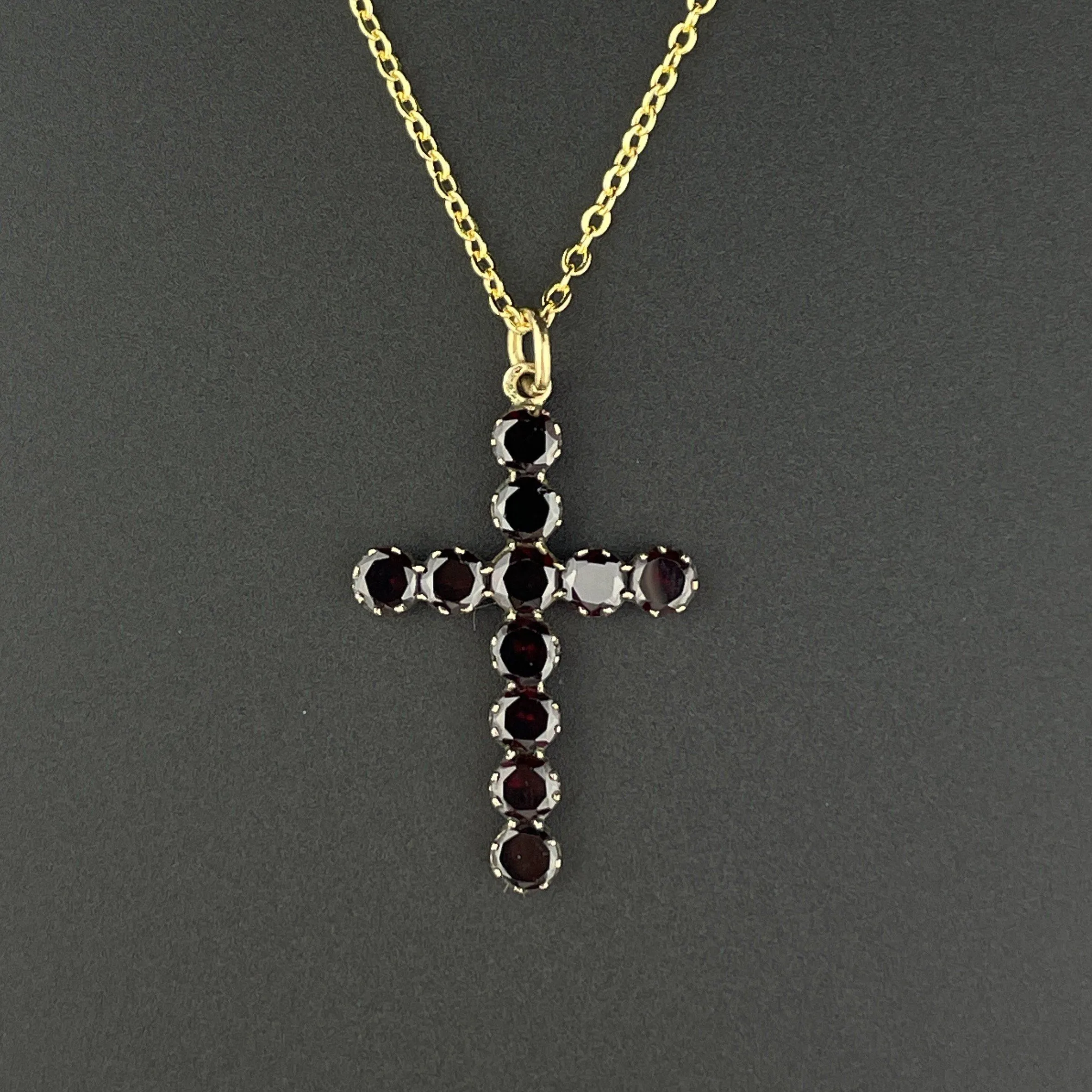 Antique Victorian Gold Flat Top Cut Garnet Cross Pendant Necklace