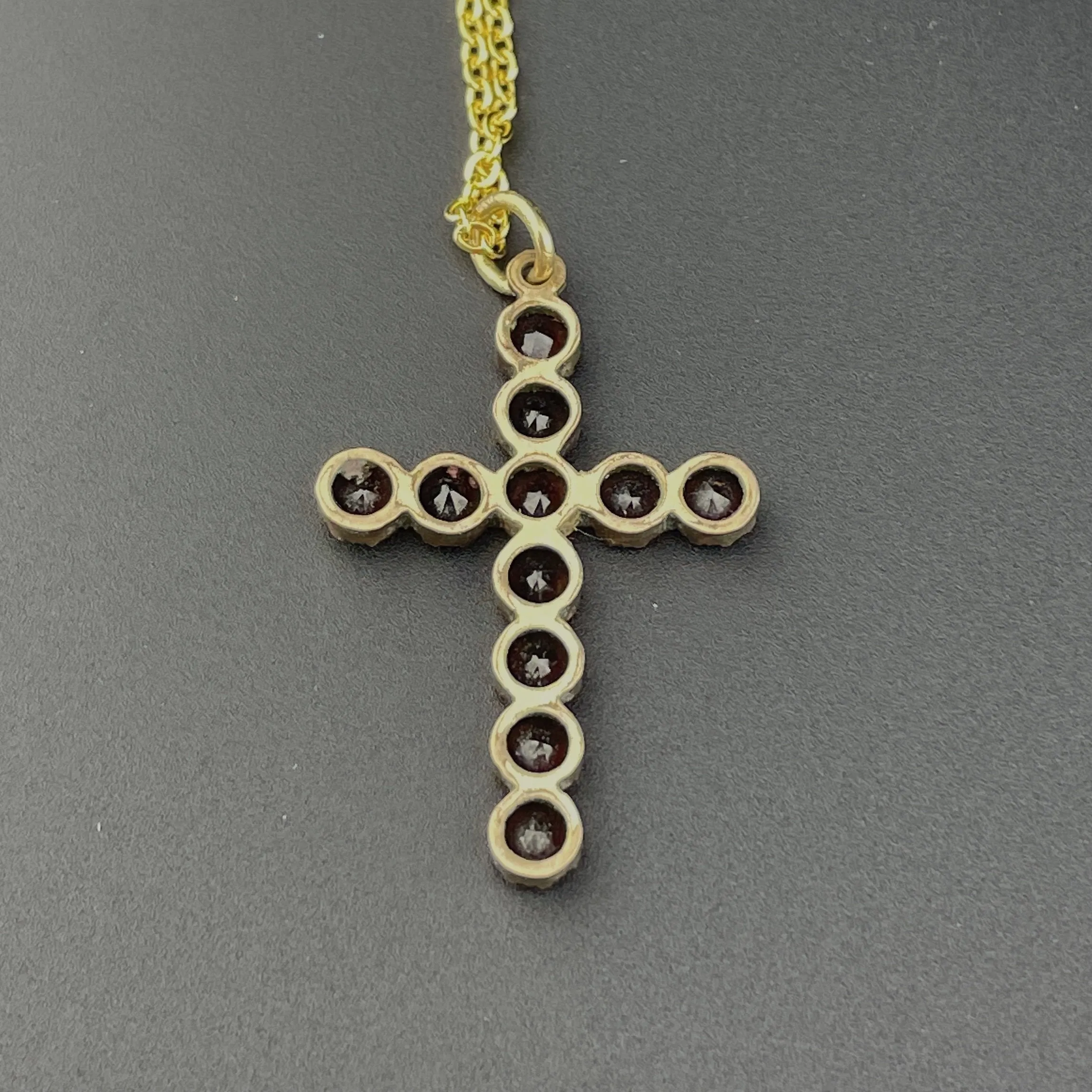 Antique Victorian Gold Flat Top Cut Garnet Cross Pendant Necklace