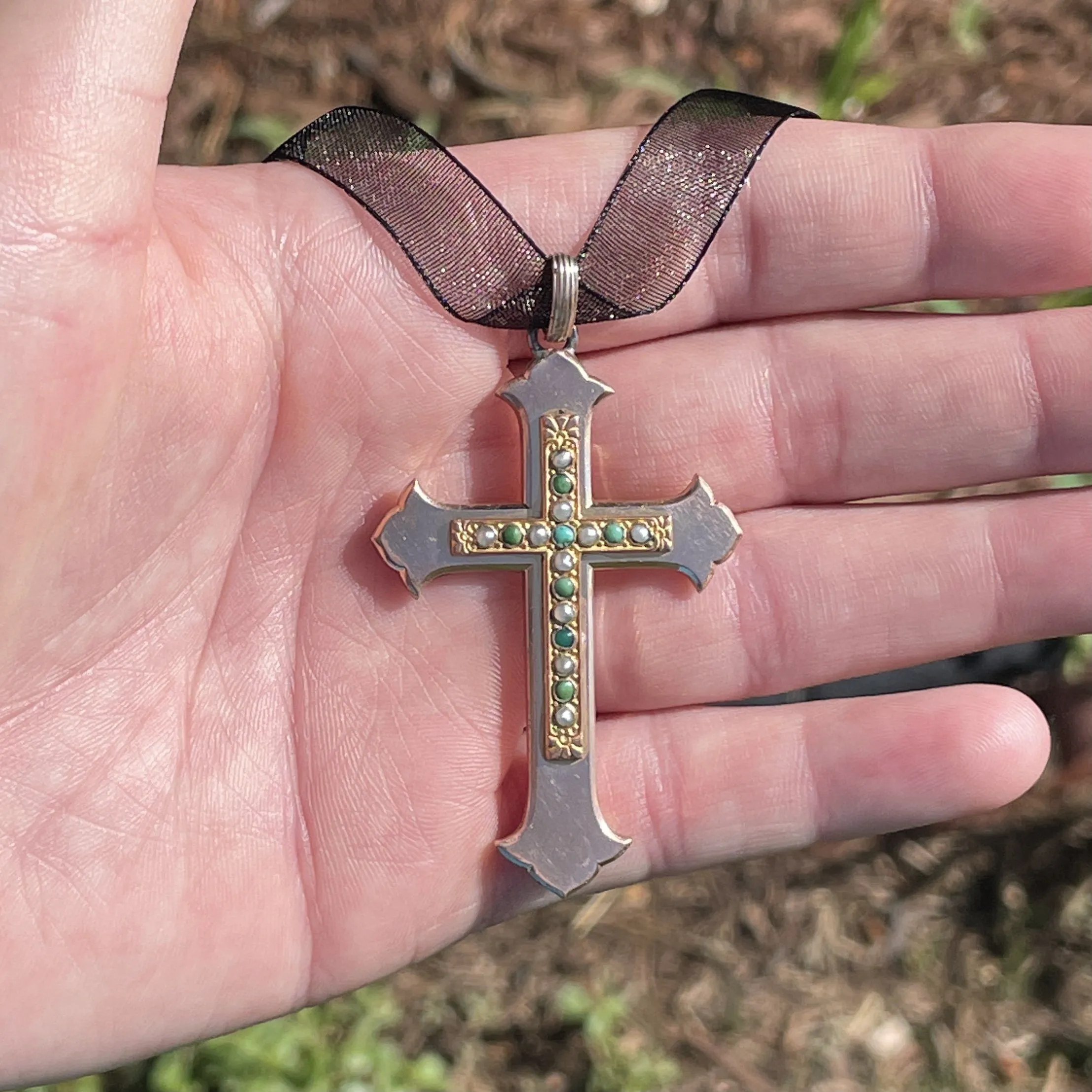 Antique Victorian Pearl Turquoise Cross Pendant