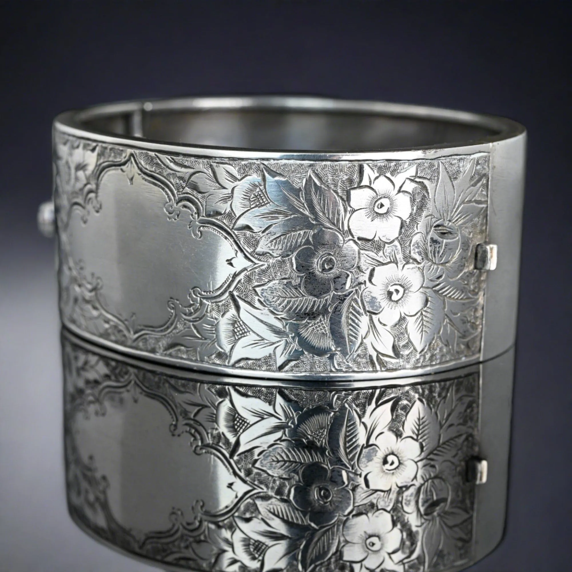 Antique Wide Victorian Silver Cuff Bangle Bracelet, Circa 1856