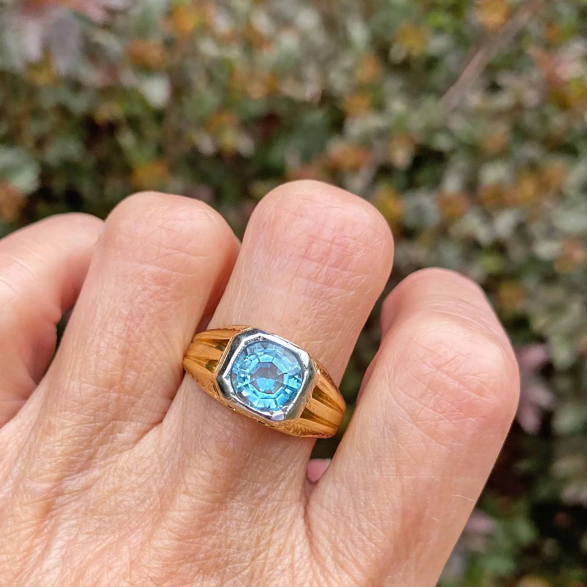 Art Deco 14K Gold European Cut Aquamarine Ring, Sz 9.75