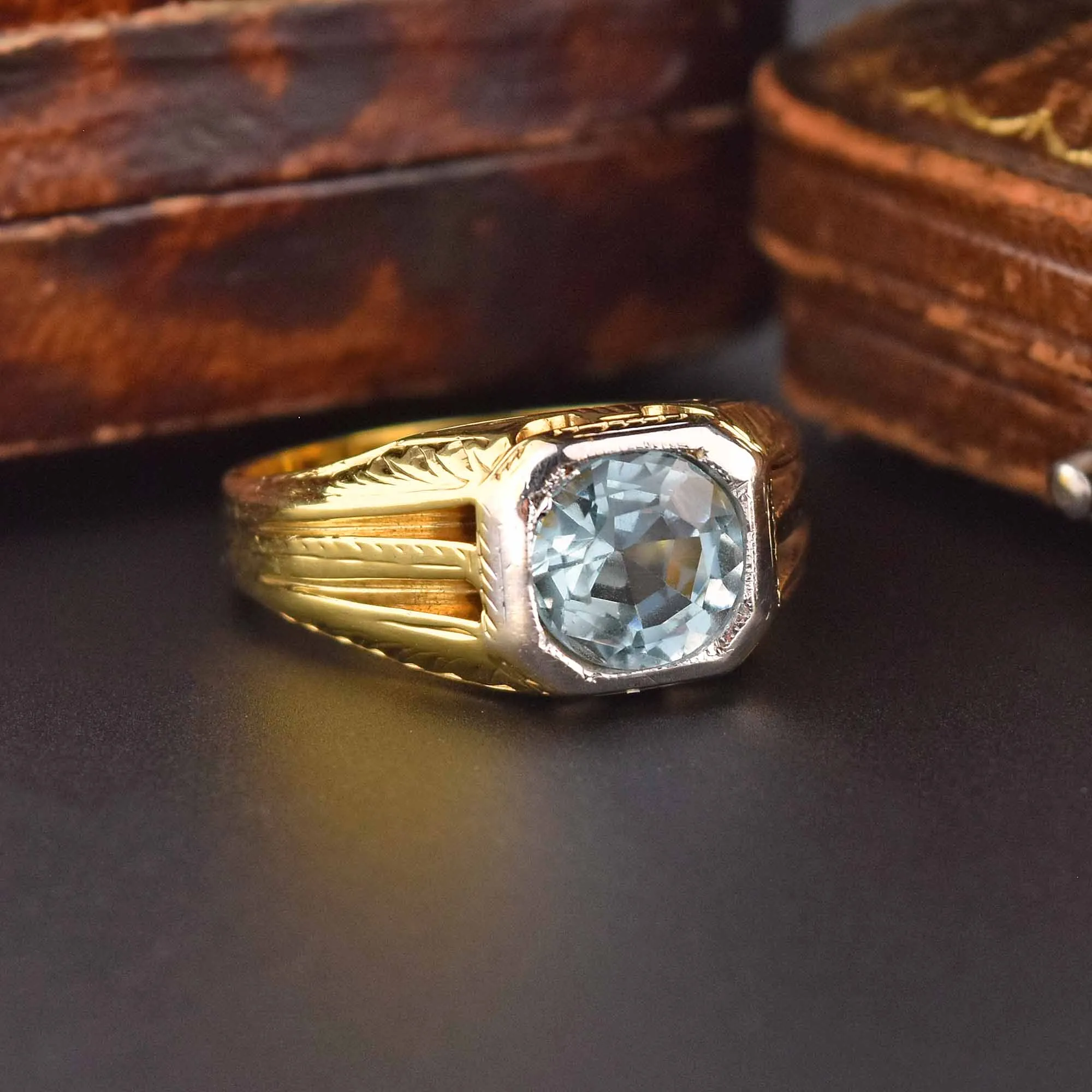 Art Deco 14K Gold European Cut Aquamarine Ring, Sz 9.75