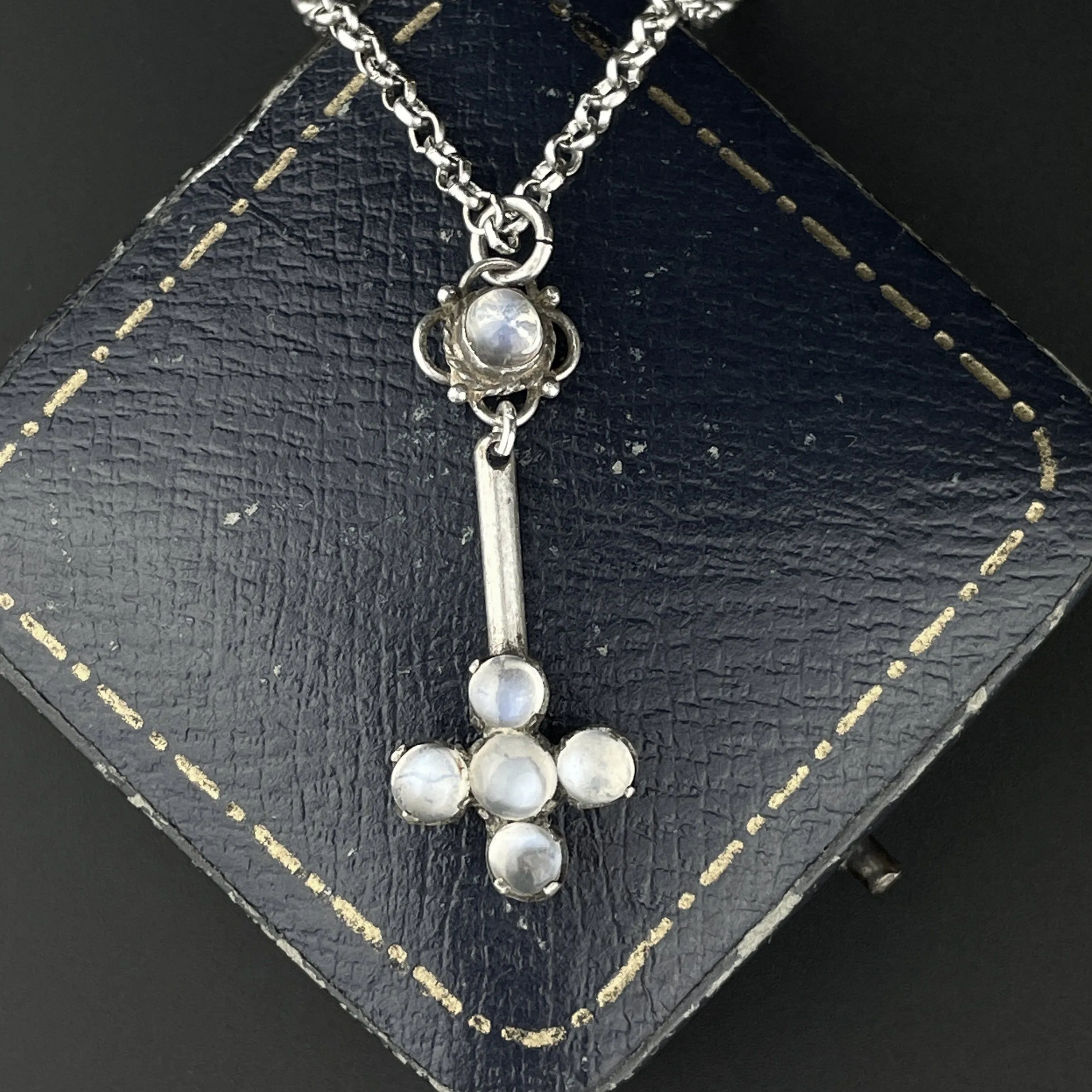 Art Deco Silver Moonstone Blue Cabochon Celestial Pendant Necklace