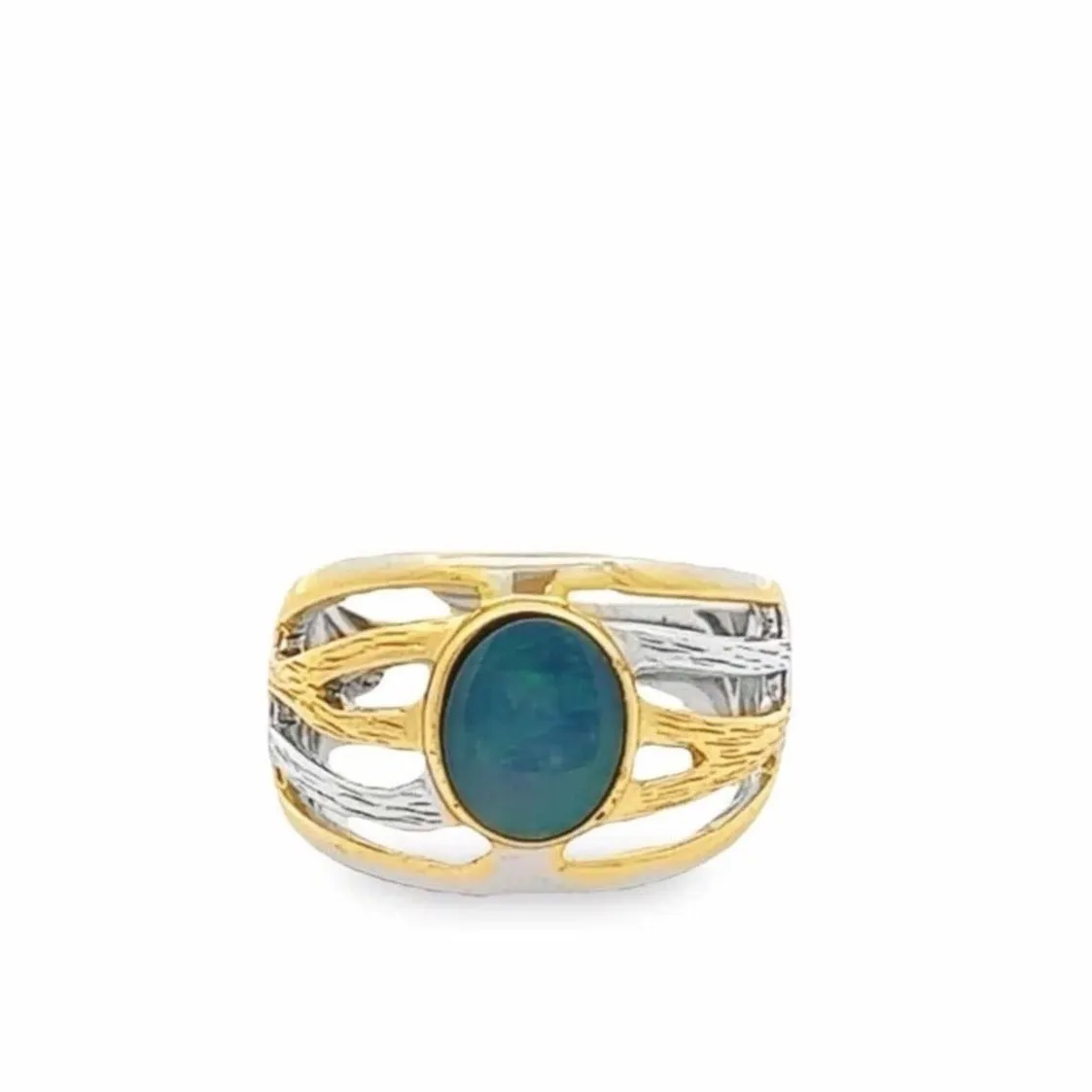 Baikalla Antique Natural Opal Sterling Silver Gold Plated Two Tone Ring