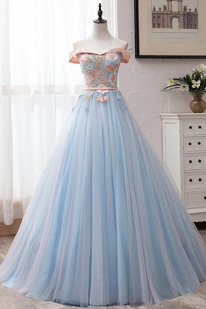 Ball Gown Off the Shoulder Tulle Sweetheart Appliques Prom Dresses, Quinceanera Dresses STK15063