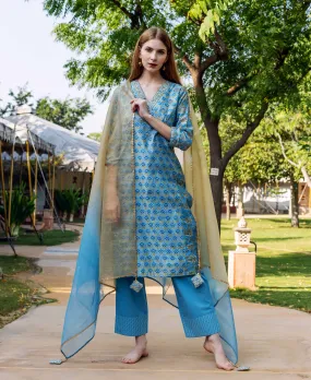 Beige and Blue Ombre Organza Dupatta