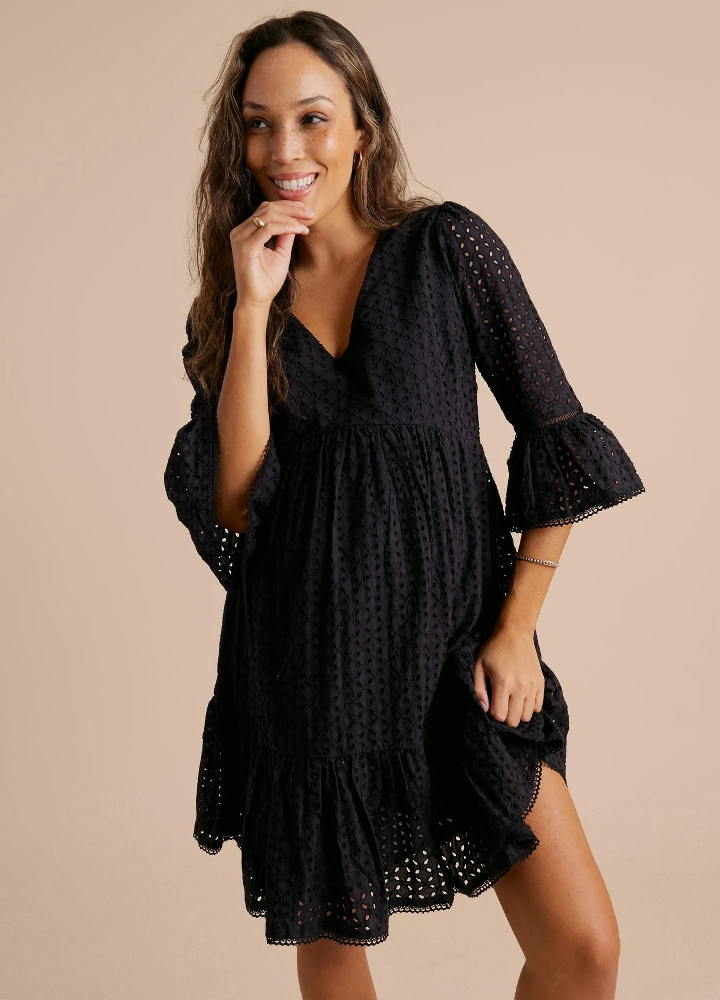 Bell Sleeve Eyelet Mini Dress