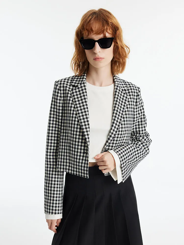 Black And White Check Women Crop Blazer