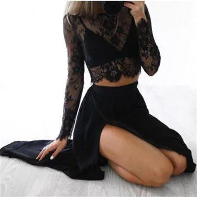 Black Long Sleeves Sexy Slit Two-piece Cheap A-line High Neck Lace Chiffon Prom Dresses JS868