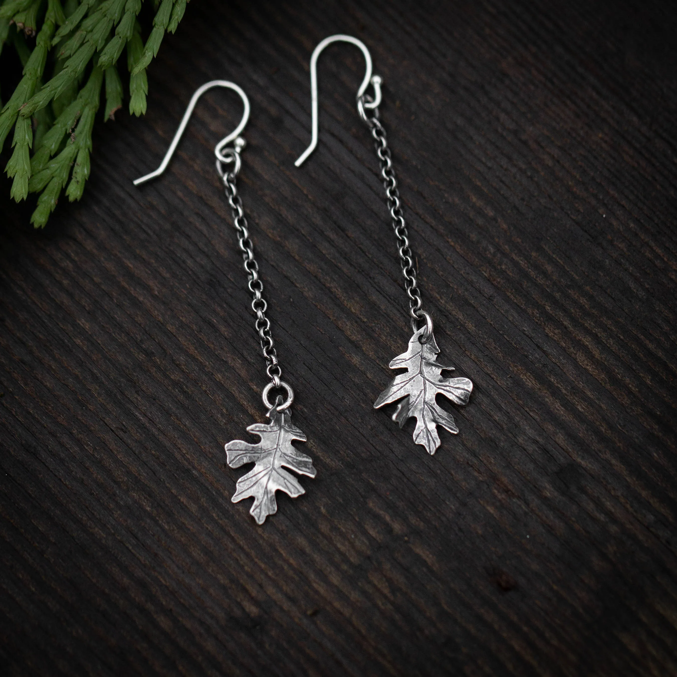 Black Oak Leaf Sterling Silver Drop Earrings