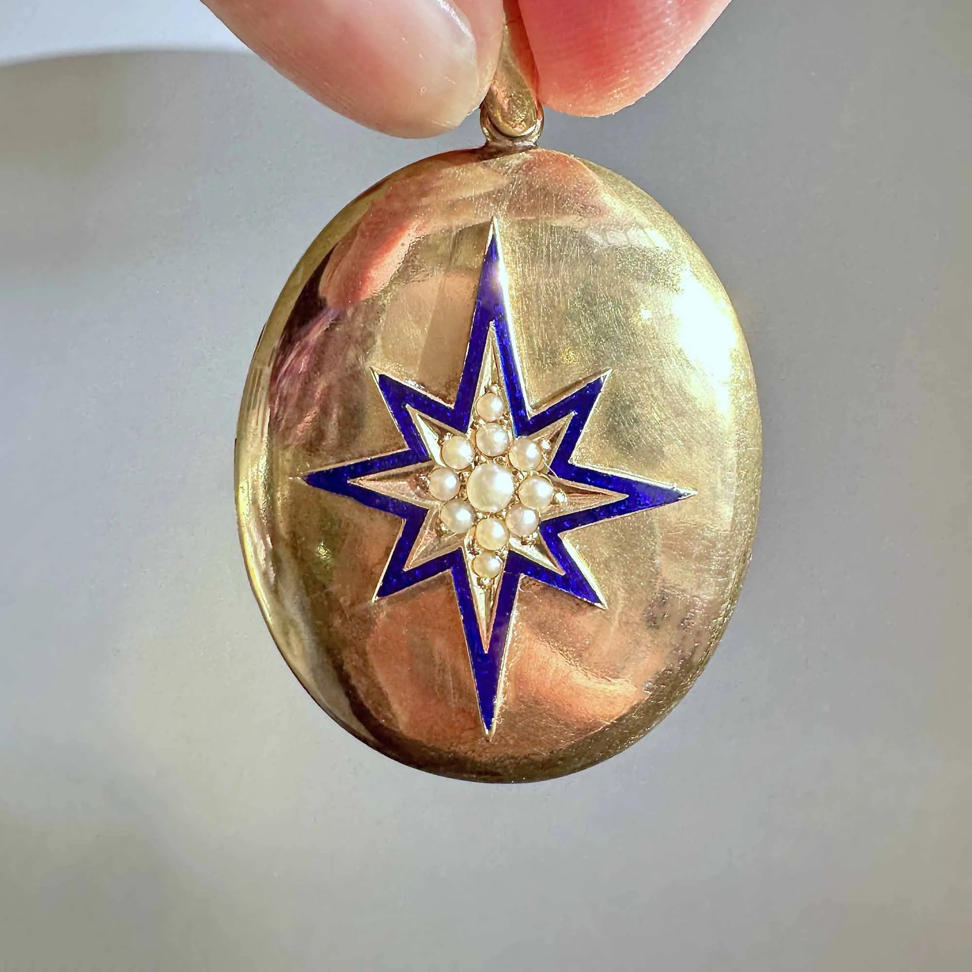 Blue Enamel Starburst Pearl Antique 14K Gold Locket