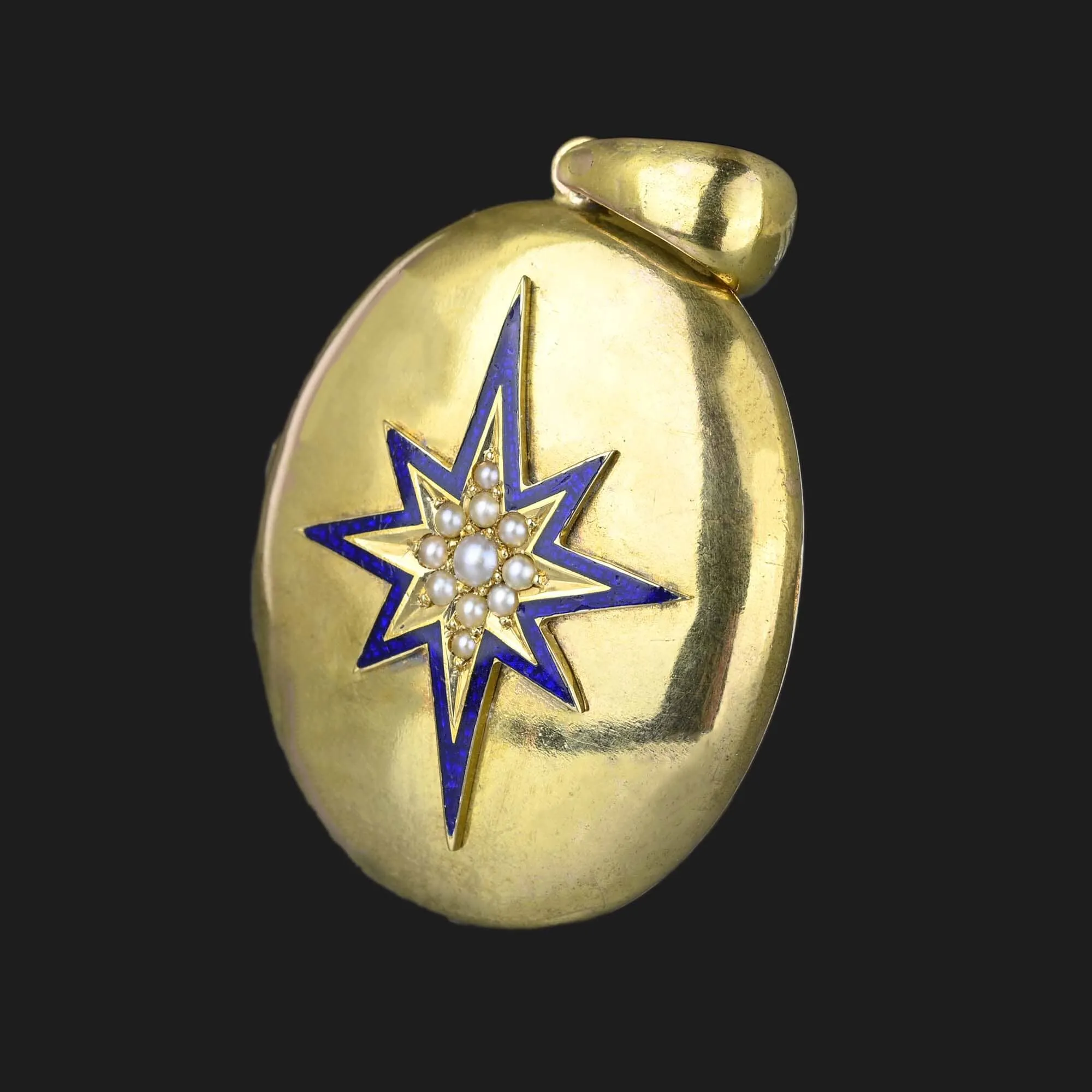 Blue Enamel Starburst Pearl Antique 14K Gold Locket