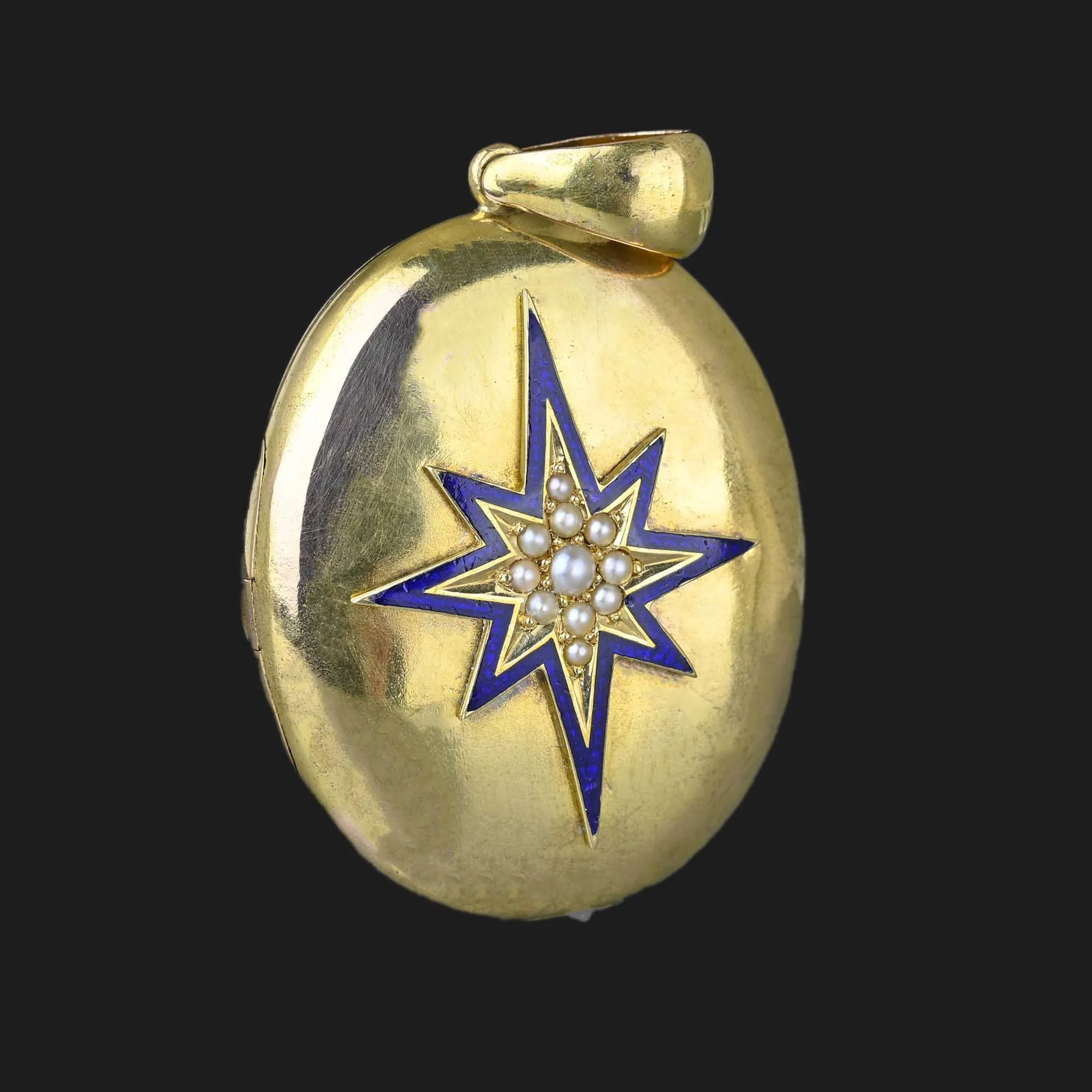 Blue Enamel Starburst Pearl Antique 14K Gold Locket