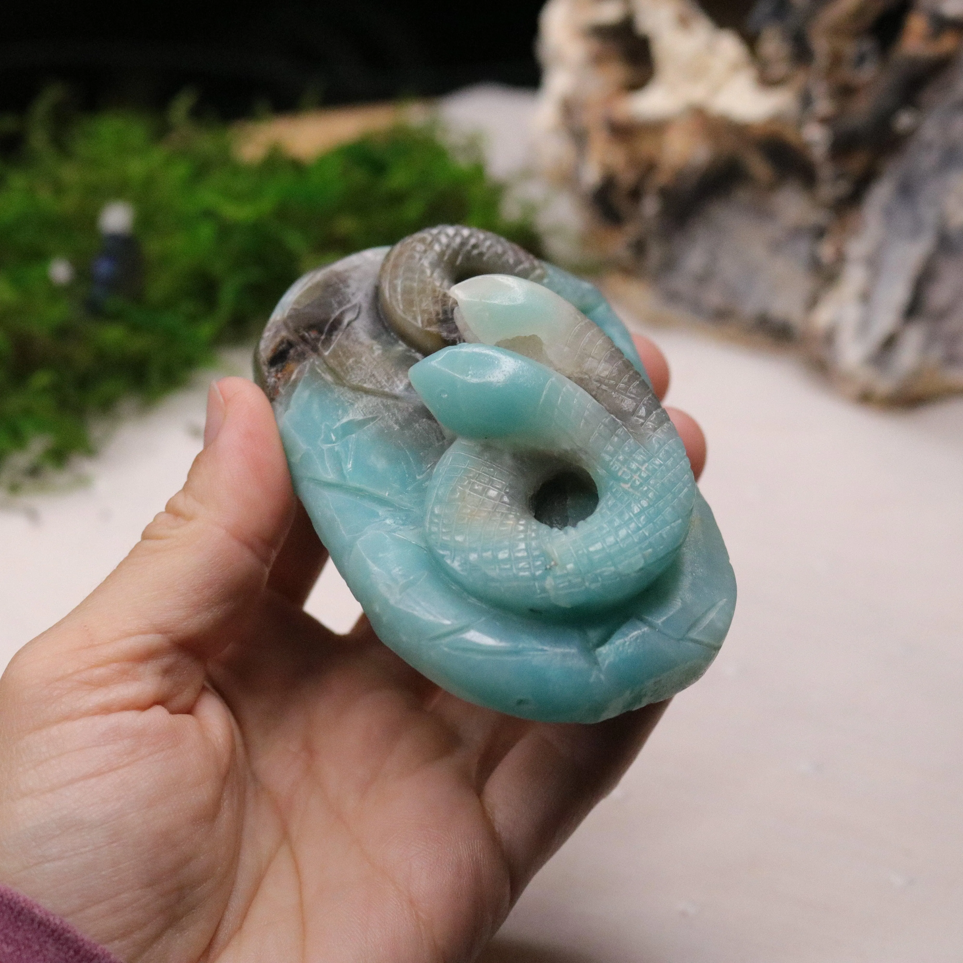 Blue Sky Opal Stone Carving ~ Two Headed Snake