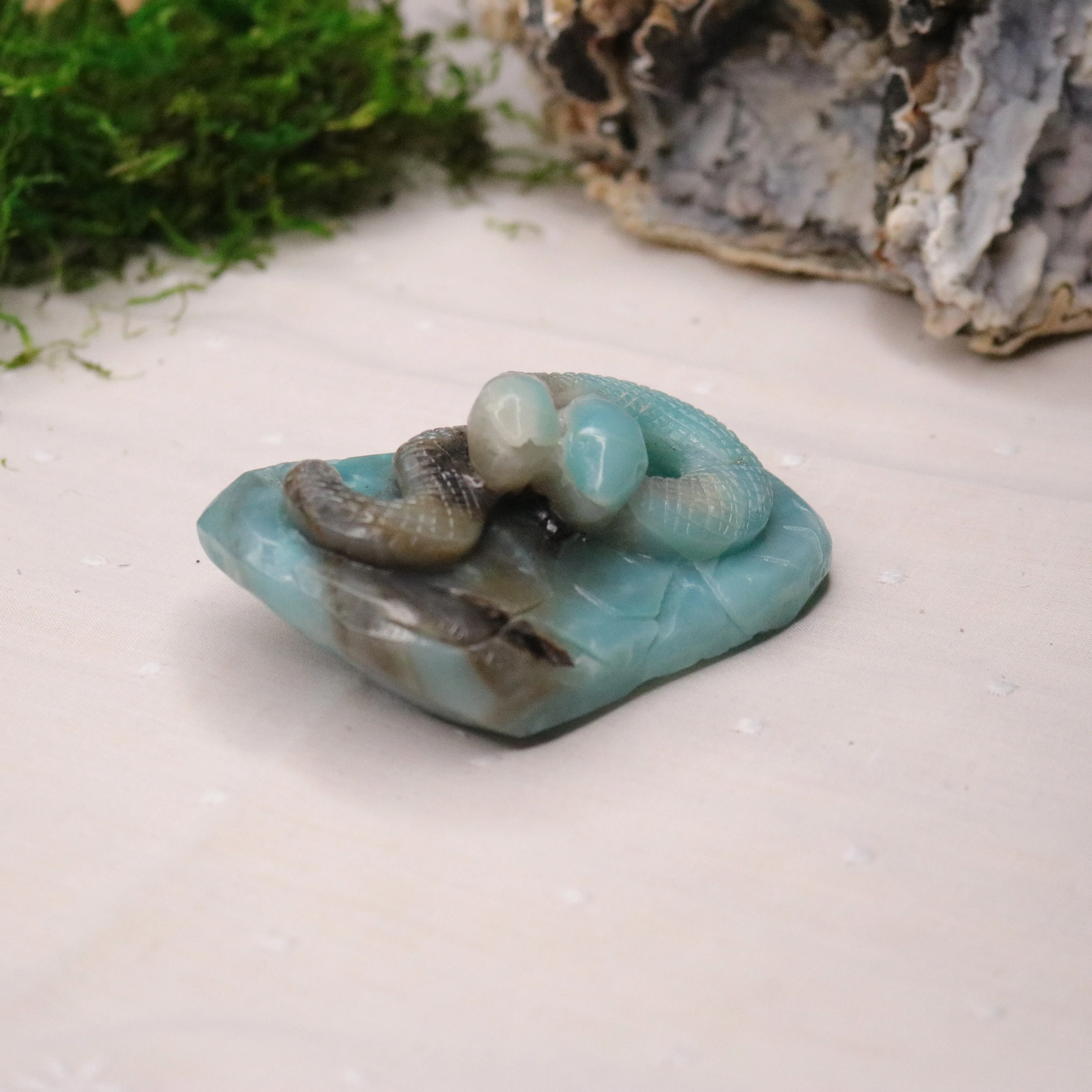 Blue Sky Opal Stone Carving ~ Two Headed Snake