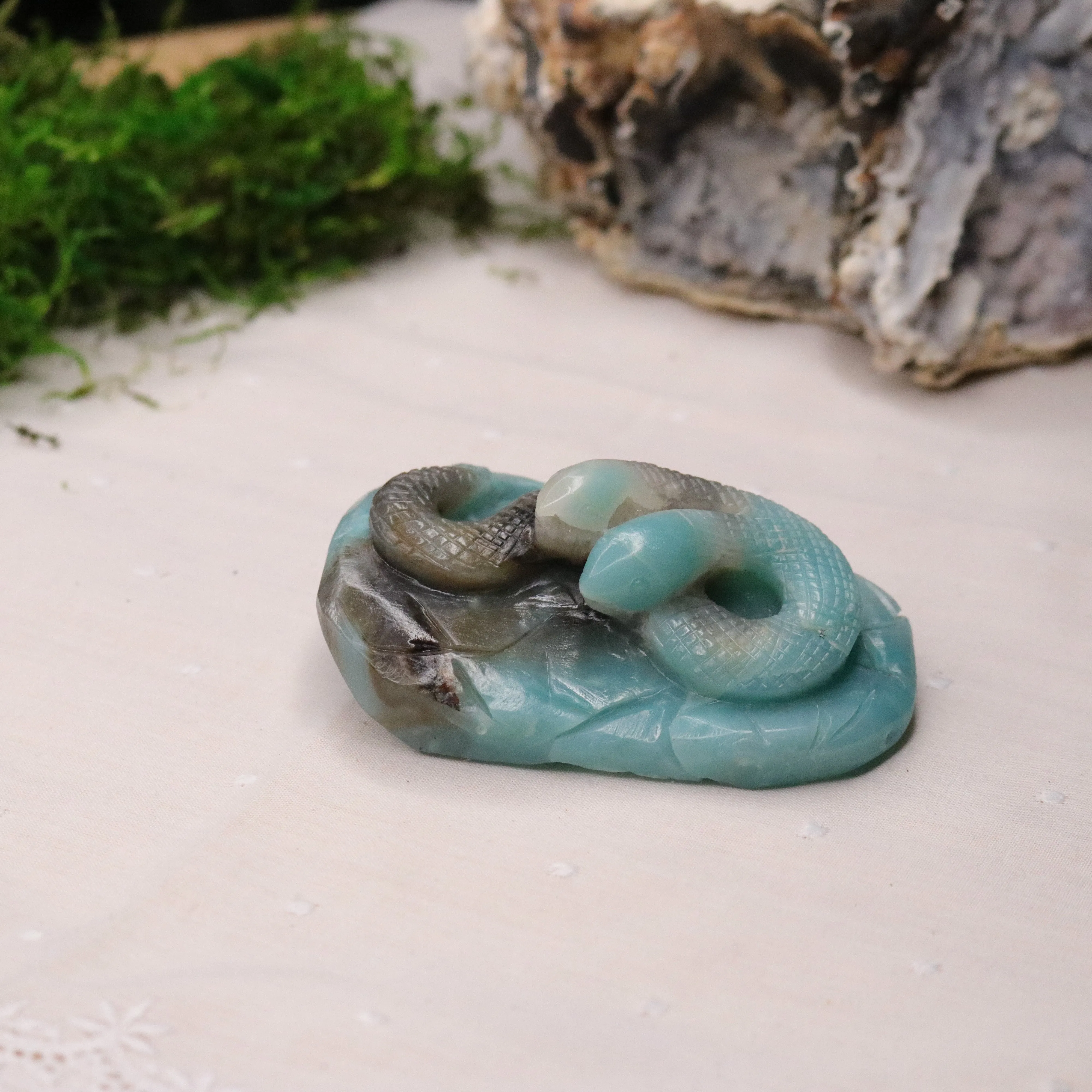 Blue Sky Opal Stone Carving ~ Two Headed Snake