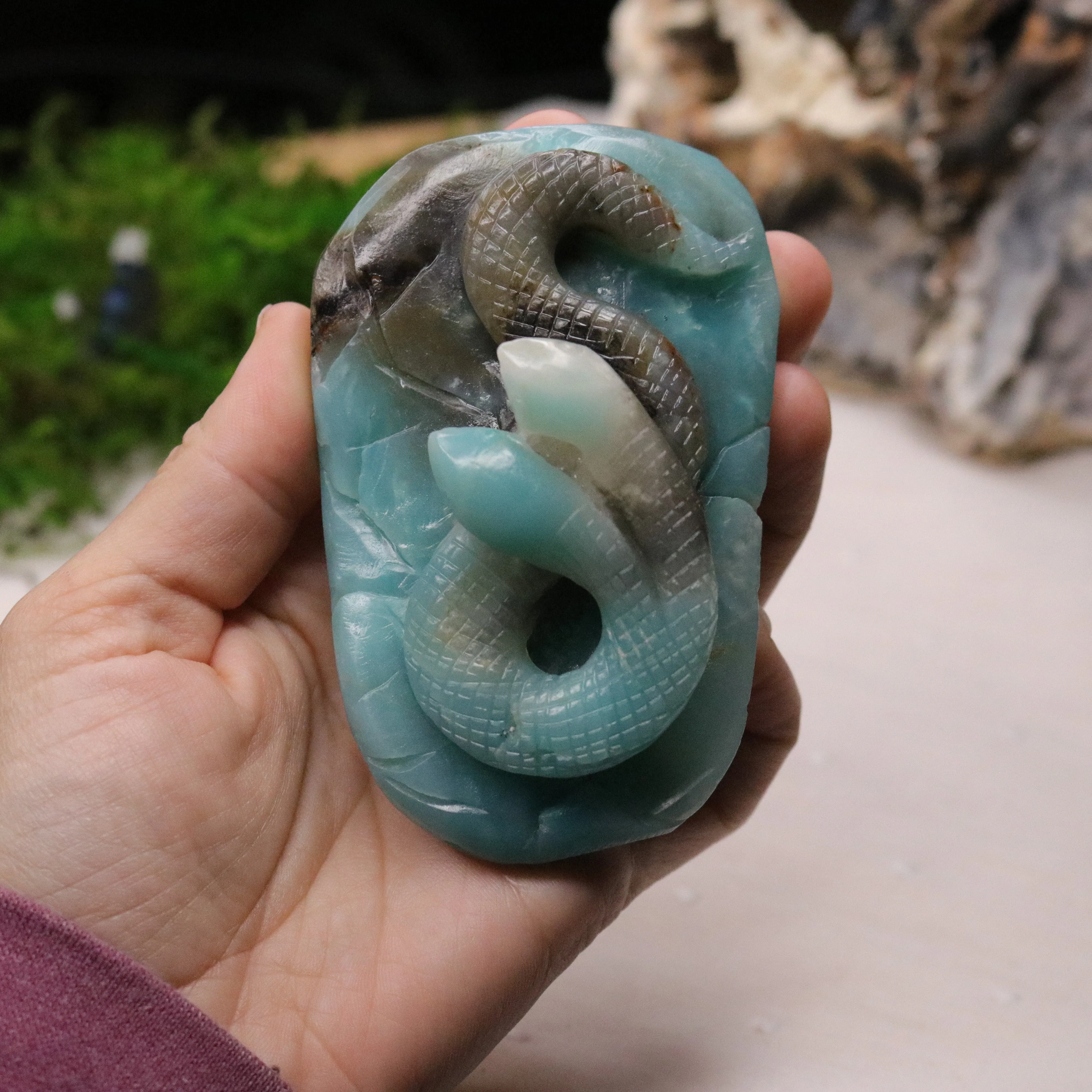 Blue Sky Opal Stone Carving ~ Two Headed Snake