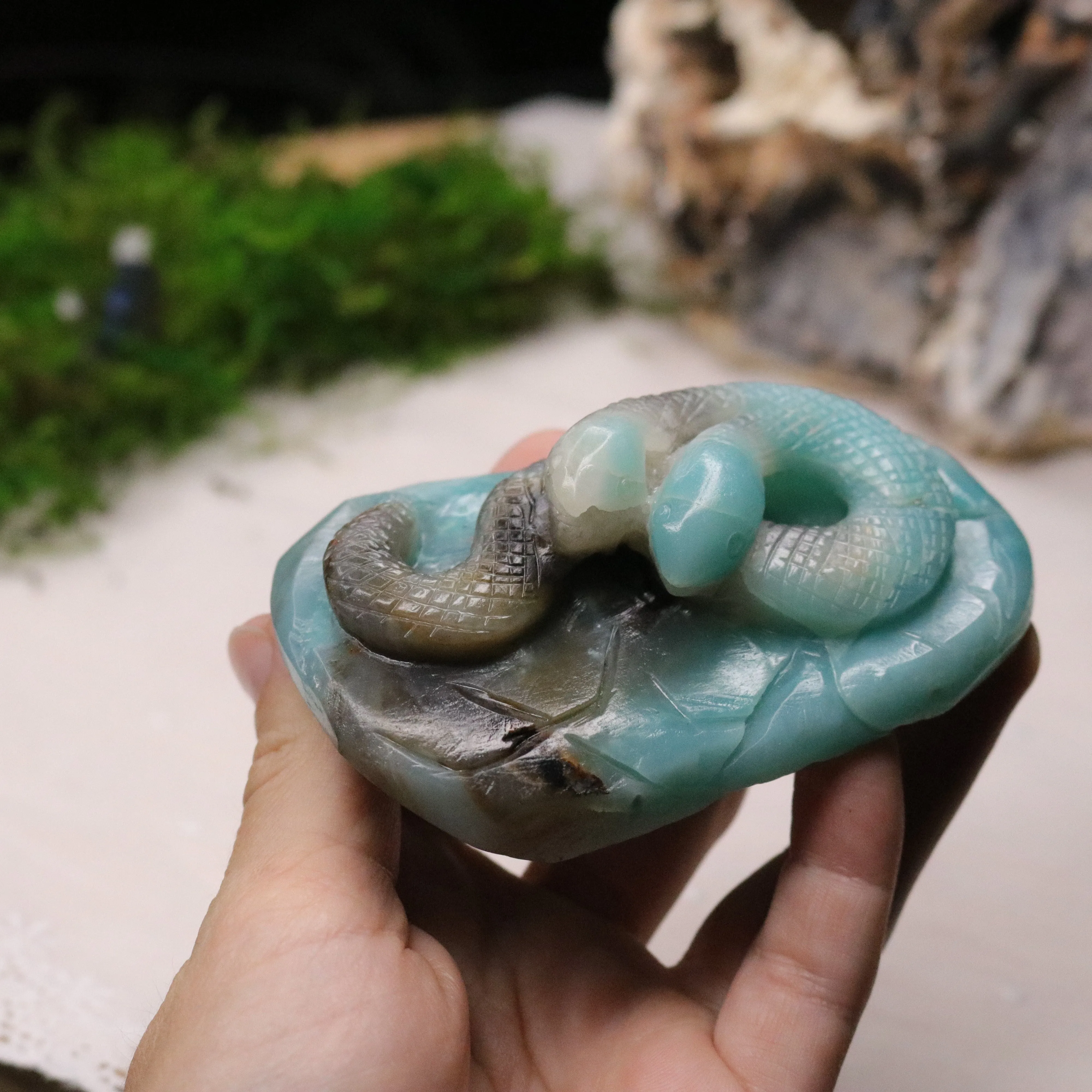 Blue Sky Opal Stone Carving ~ Two Headed Snake