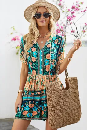 Boho Floral Multicolored Tie-Neck Romper  Romper dress Playsuit Short rompers for women