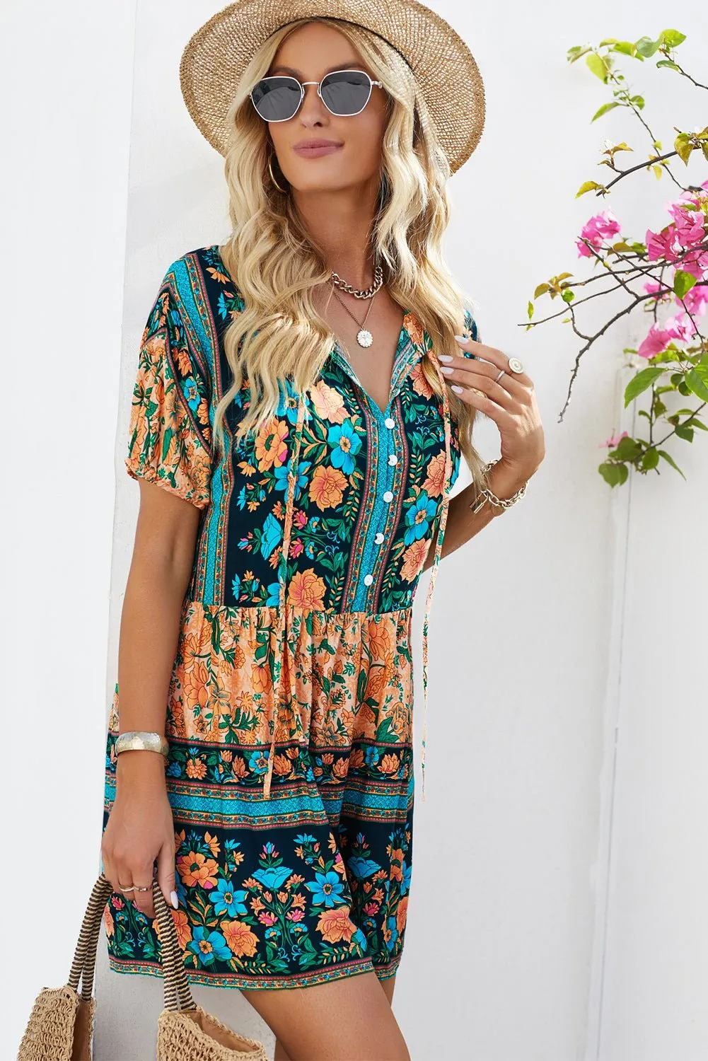 Boho Floral Multicolored Tie-Neck Romper  Romper dress Playsuit Short rompers for women