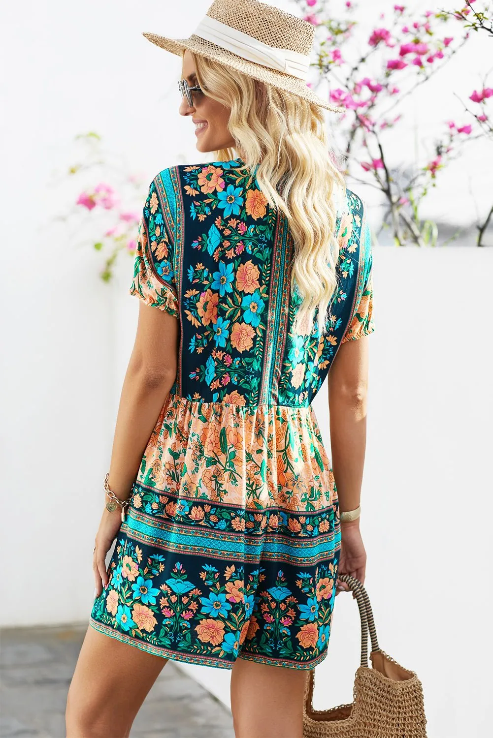 Boho Floral Multicolored Tie-Neck Romper  Romper dress Playsuit Short rompers for women