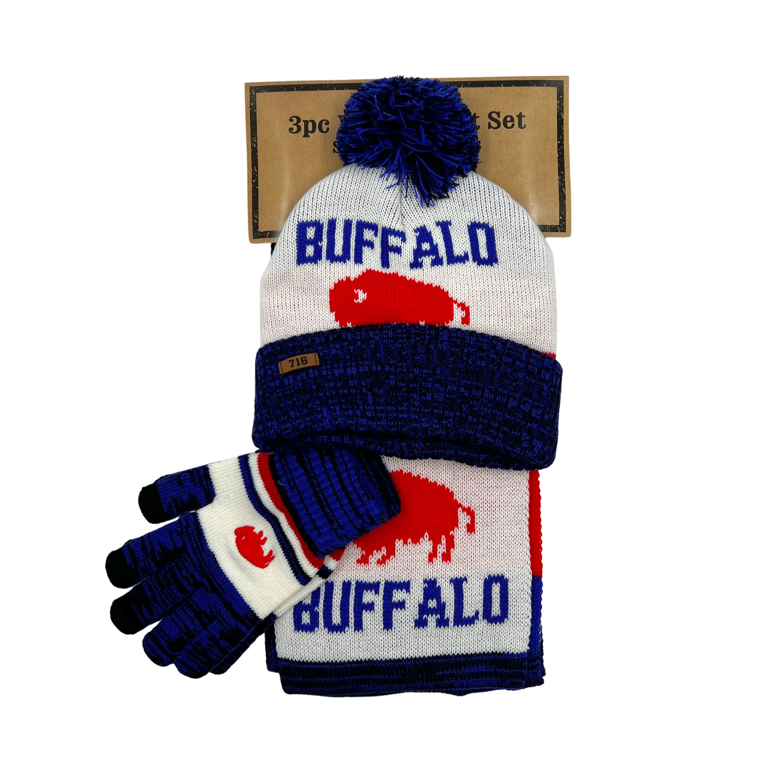 Buffalo 716 Red, White, and Blue Hat, Gloves, and Scarf Set