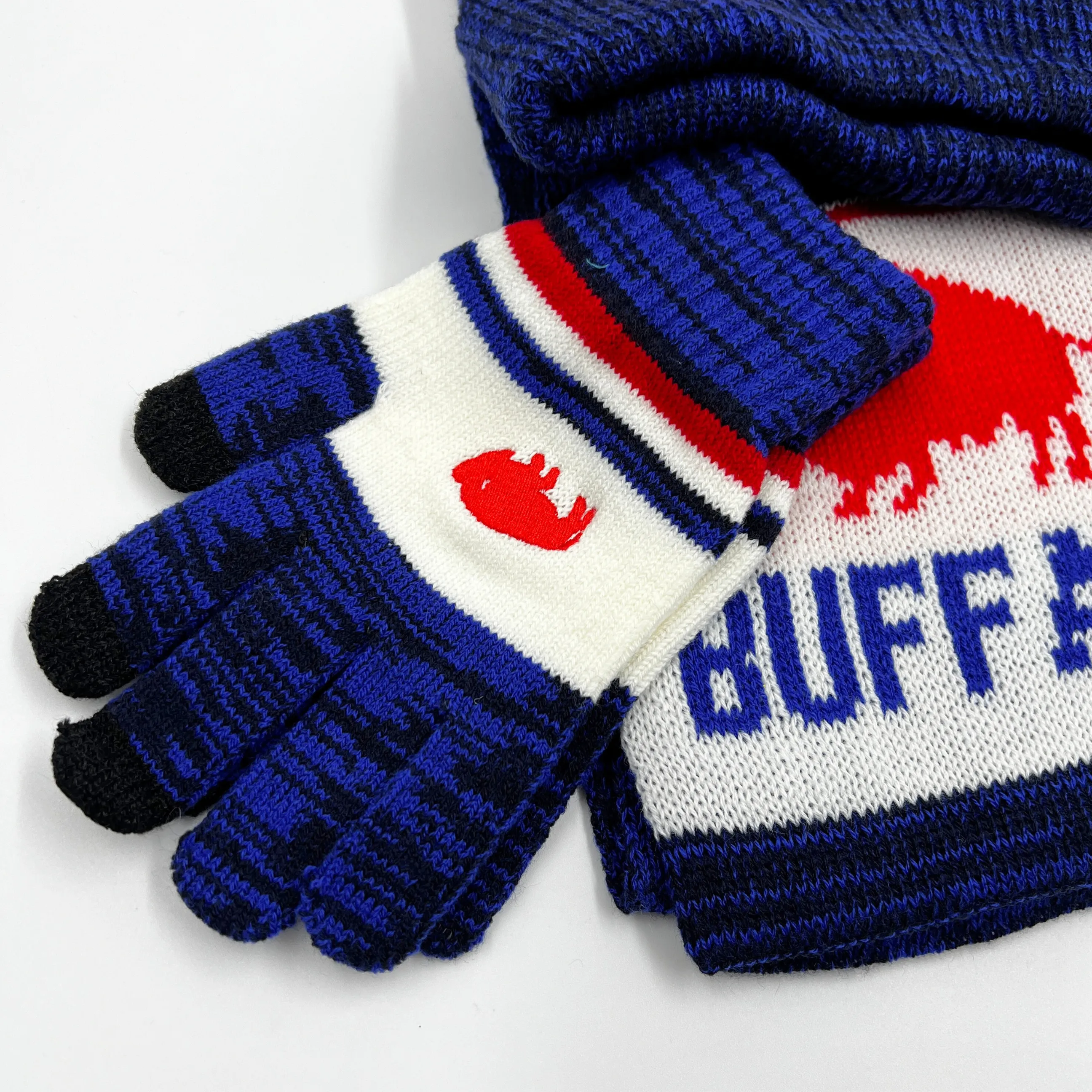 Buffalo 716 Red, White, and Blue Hat, Gloves, and Scarf Set