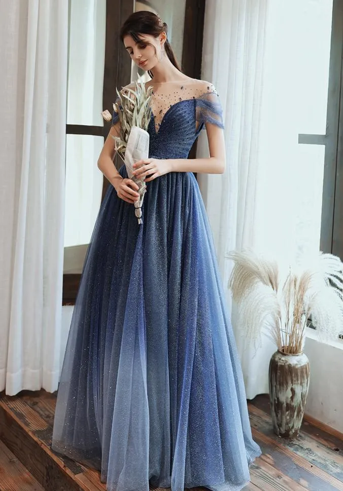 Charming A Line Blue Ombre Tulle Prom Dresses with Open Back, Evening STK15622