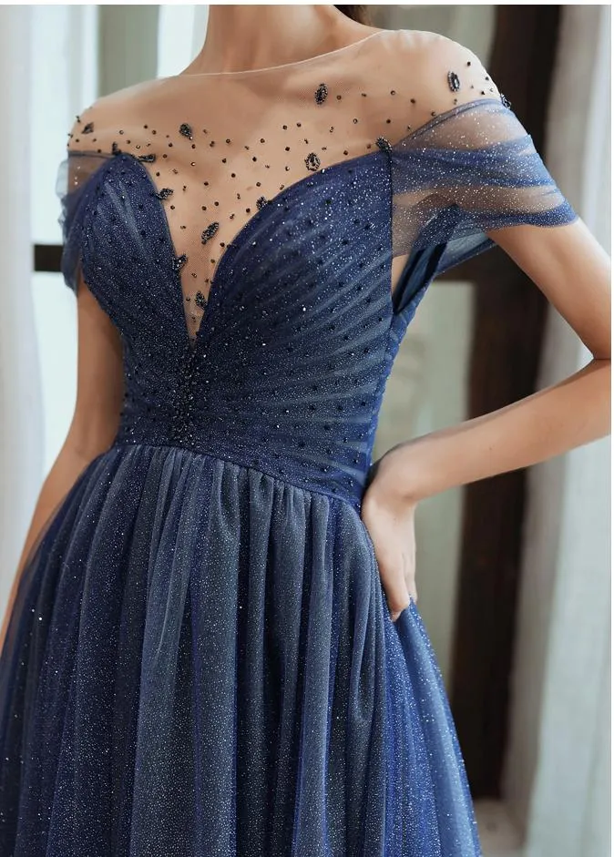 Charming A Line Blue Ombre Tulle Prom Dresses with Open Back, Evening STK15622