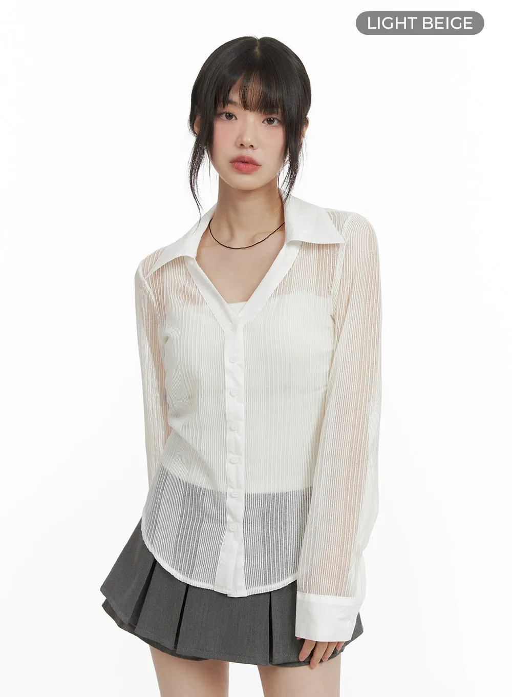 Collar See-Through Solid Long Sleeve CA412