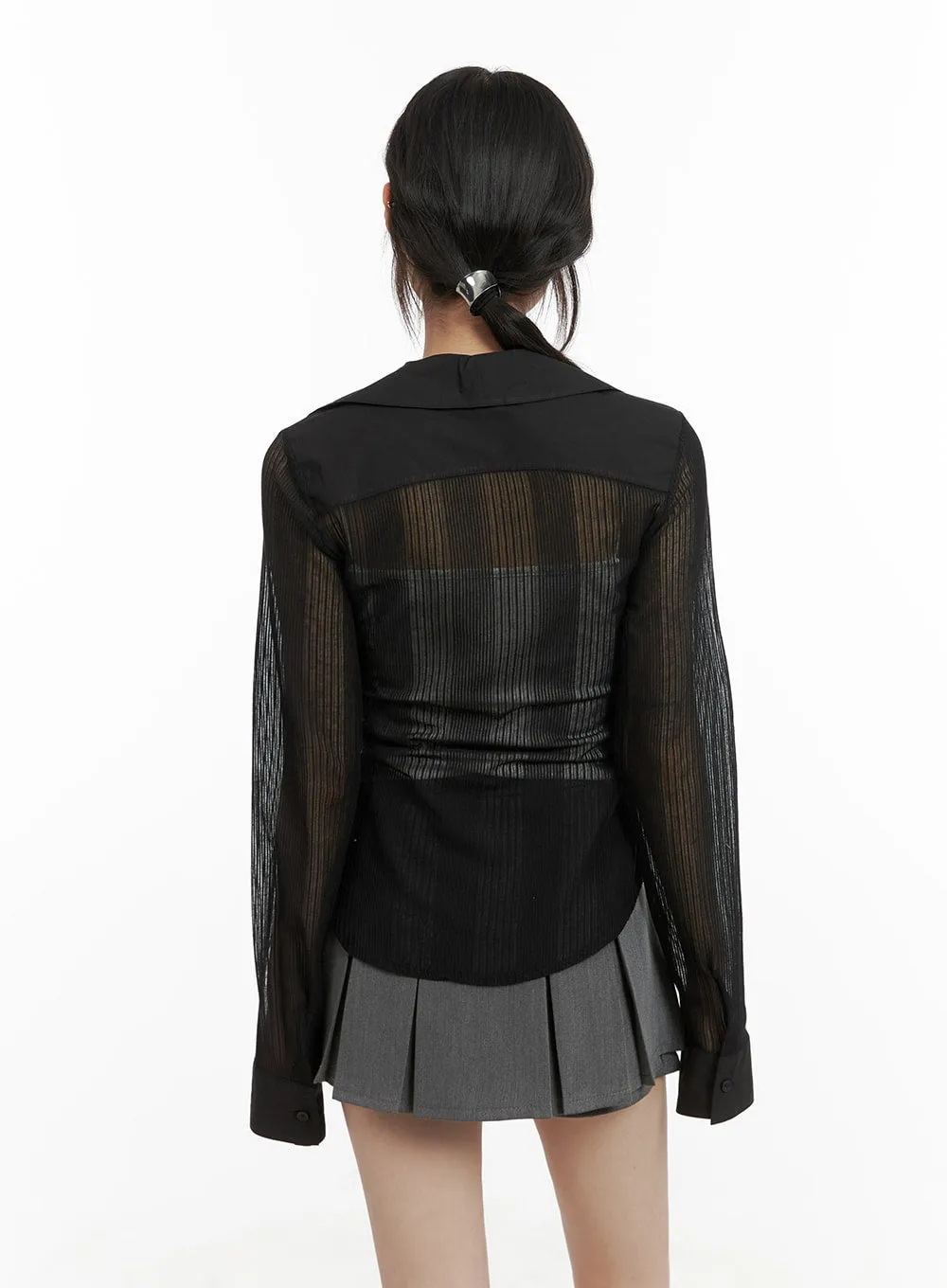 Collar See-Through Solid Long Sleeve CA412